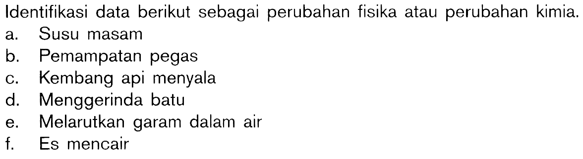 Identifikasi data berikut sebagai perubahan fisika atau perubahan kimia a. Susu masam b. Pemampatan pegas c. Kembang api menyala d. Menggerinda batu e. Melarutkan garam dalam air f. Es mencair