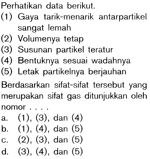 Perhatikan data berikut. (1) Gaya tarik-menarik antarpartikel sangat lemah (2) Volumenya tetap (3) Susunan partikel teratur (4) Bentuknya sesuai wadahnya (5) Letak partikelnya berjauhan Berdasarkan sifat-sifat tersebut yang merupakan sifat gas ditunjukkan oleh nomor ....