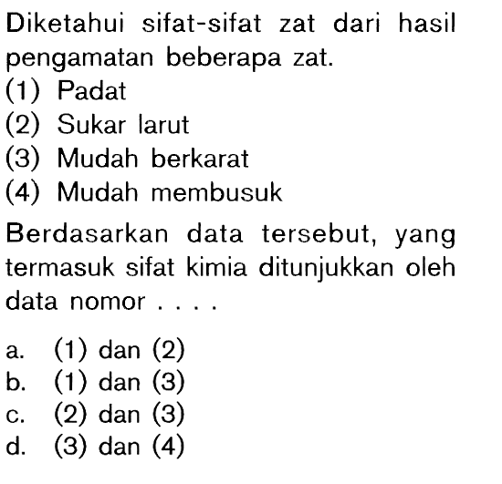 Diketahui sifat-sifat zat dari hasil pengamatan beberapa zat. (1) Padat (2) Sukar larut (3) Mudah berkarat (4) Mudah membusuk Berdasarkan data tersebut, yang termasuk sifat kimia ditunjukkan oleh data nomor ....