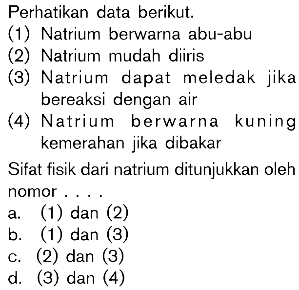 Perhatikan data berikut. (1) Natrium berwarna abu-abu (2) Natrium mudah diiris (3) Natrium dapat meledak jika bereaksi dengan air (4) Natrium berwarna kuning kemerahan jika dibakar Sifat fisik dari natrium ditunjukkan oleh nomor....