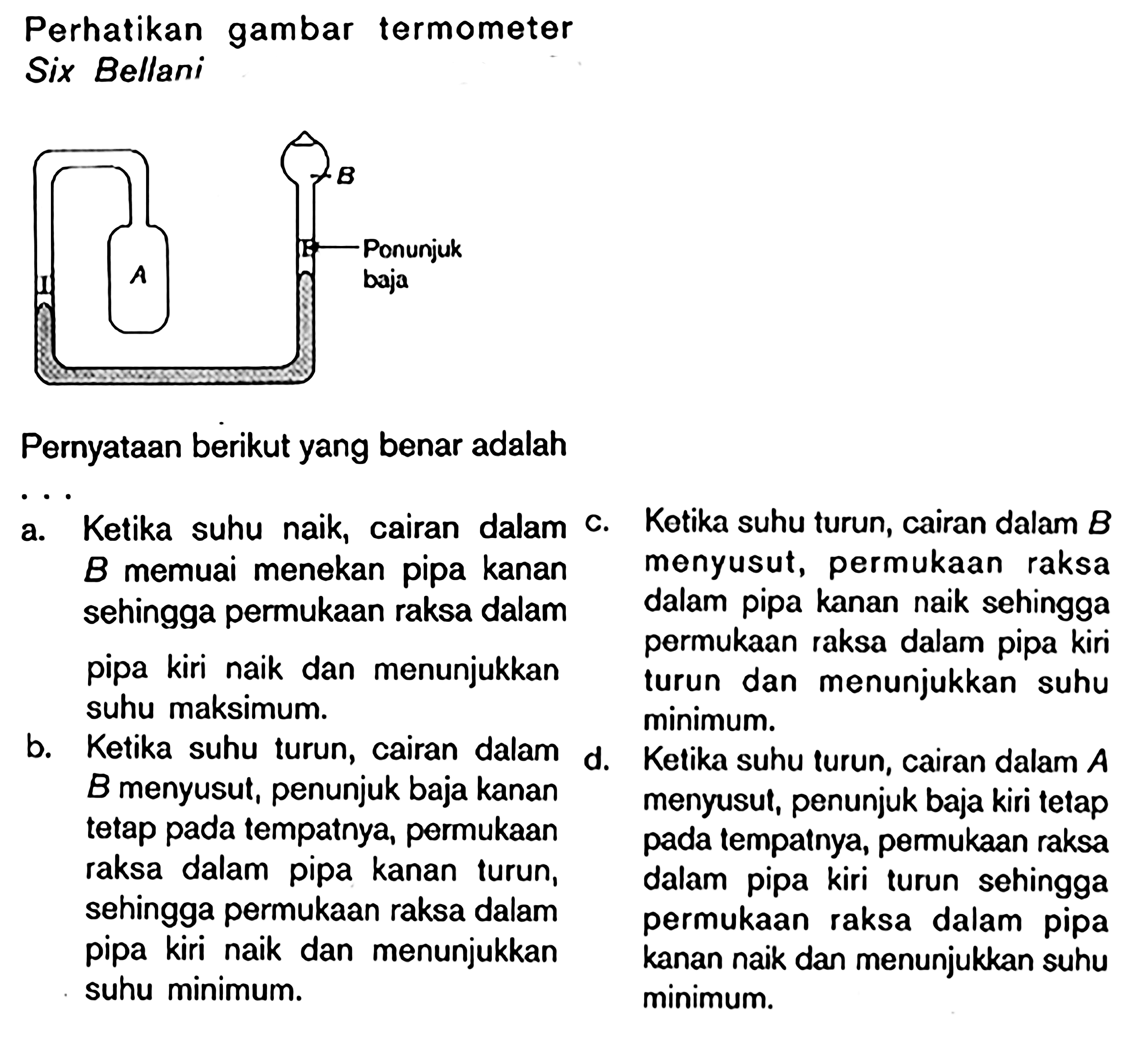 Perhatikan gambar termometer Six Bellani A B Penunjuk baja Pernyataan berikut yang benar adalah ...