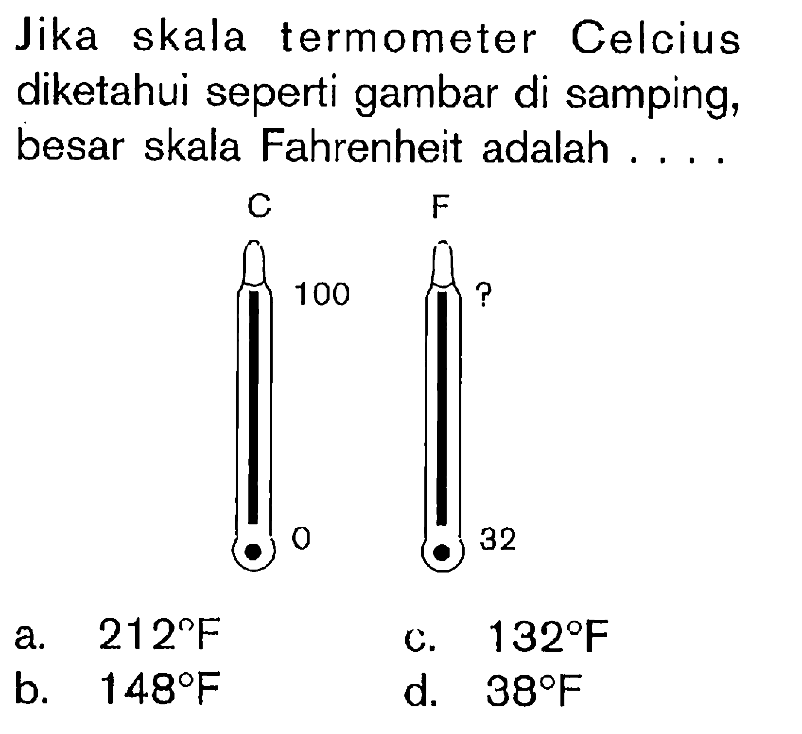 Jika skala termometer Celcius diketahui seperti gambar di samping, besar skala Fahrenheit adalah 100 ? 0 32