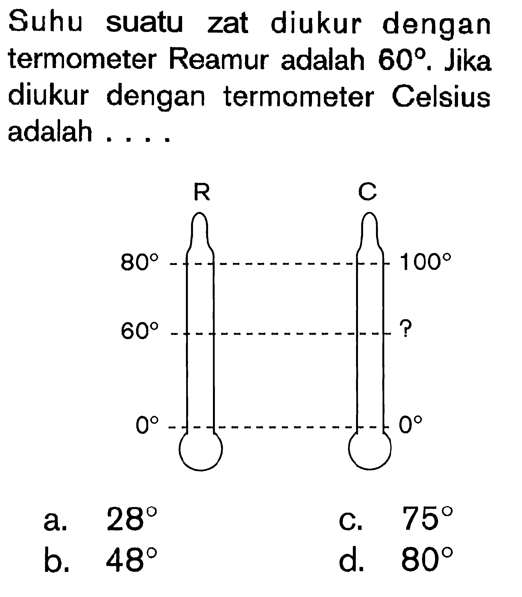 Suhu suatu zat diukur dengan termometer Reamur adalah 60, Jika diukur dengan termometer Celsius adalah R C.80 100 60 0 0