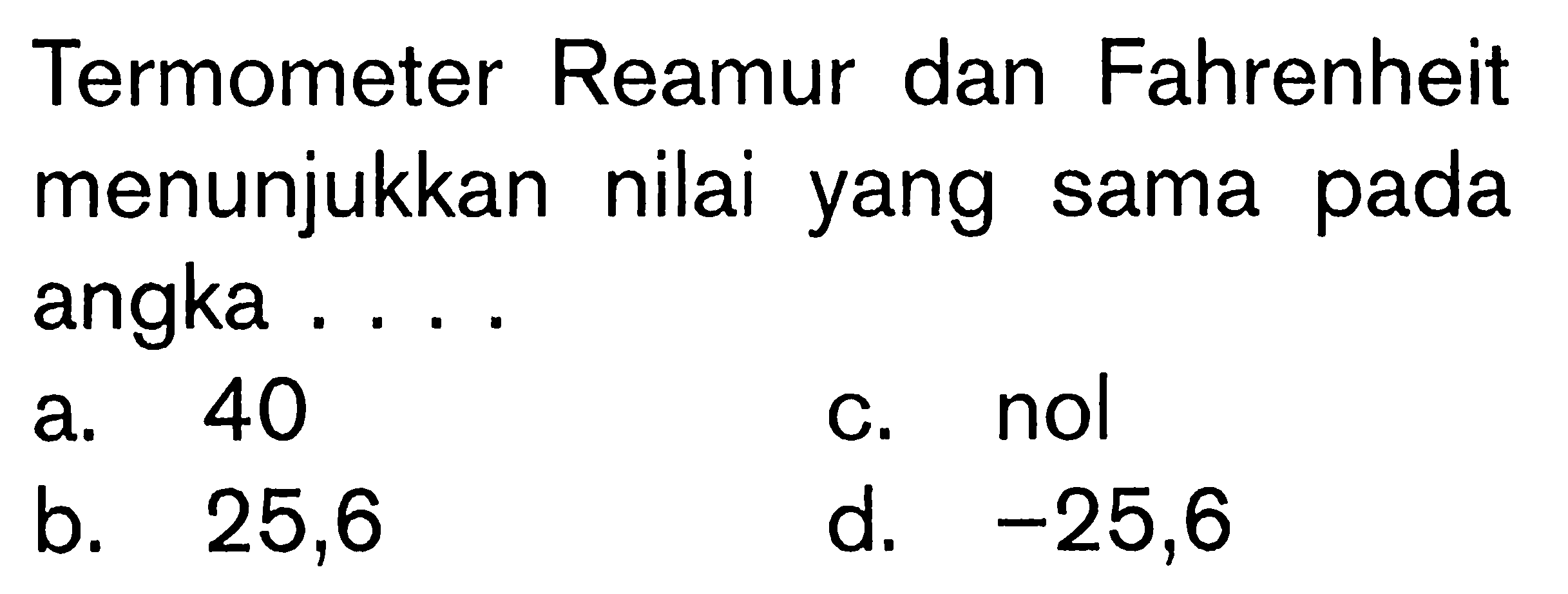 Termometer Reamur dan Fahrenheit menunjukkan nilai yang sama pada angka . . . .