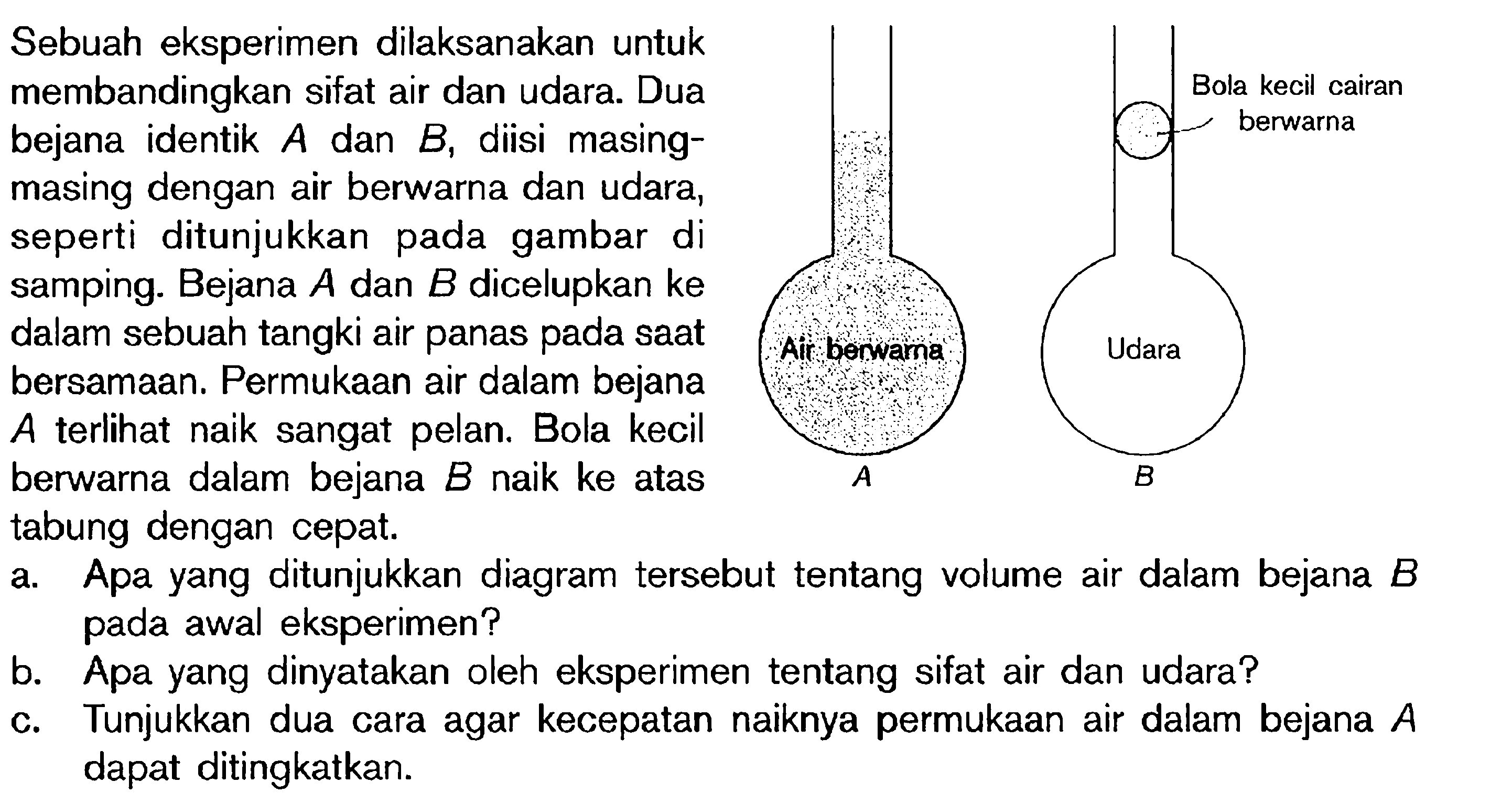 Sebuah eksperimen dilaksanakan untuk membandingkan sifat air dan udara. Dua bejana identik A dan B, diisi masing- masing dengan air berwarna dan udara, seperti ditunjukkan pada gambar di samping. Bejana A dan B dicelupkan ke dalam sebuah tangki air panas pada saat bersamaan. Permukaan air dalam bejana A terlihat naik sangat pelan. Bola kecil berwarna dalam bejana B naik ke atas tabung dengan cepat. a Apa yang ditunjukkan diagram tersebut tentang volume air dalam bejana B awal eksperimen? b. Apa yang dinyatakan oleh eksperimen tentang sifat air dan udara? c. Tunjukkan dua cara agar kecepatan naiknya permukaan air dalam bejana A dapat ditingkatkan. Bola kecil cairan berwarna Air berwarna Udara A B