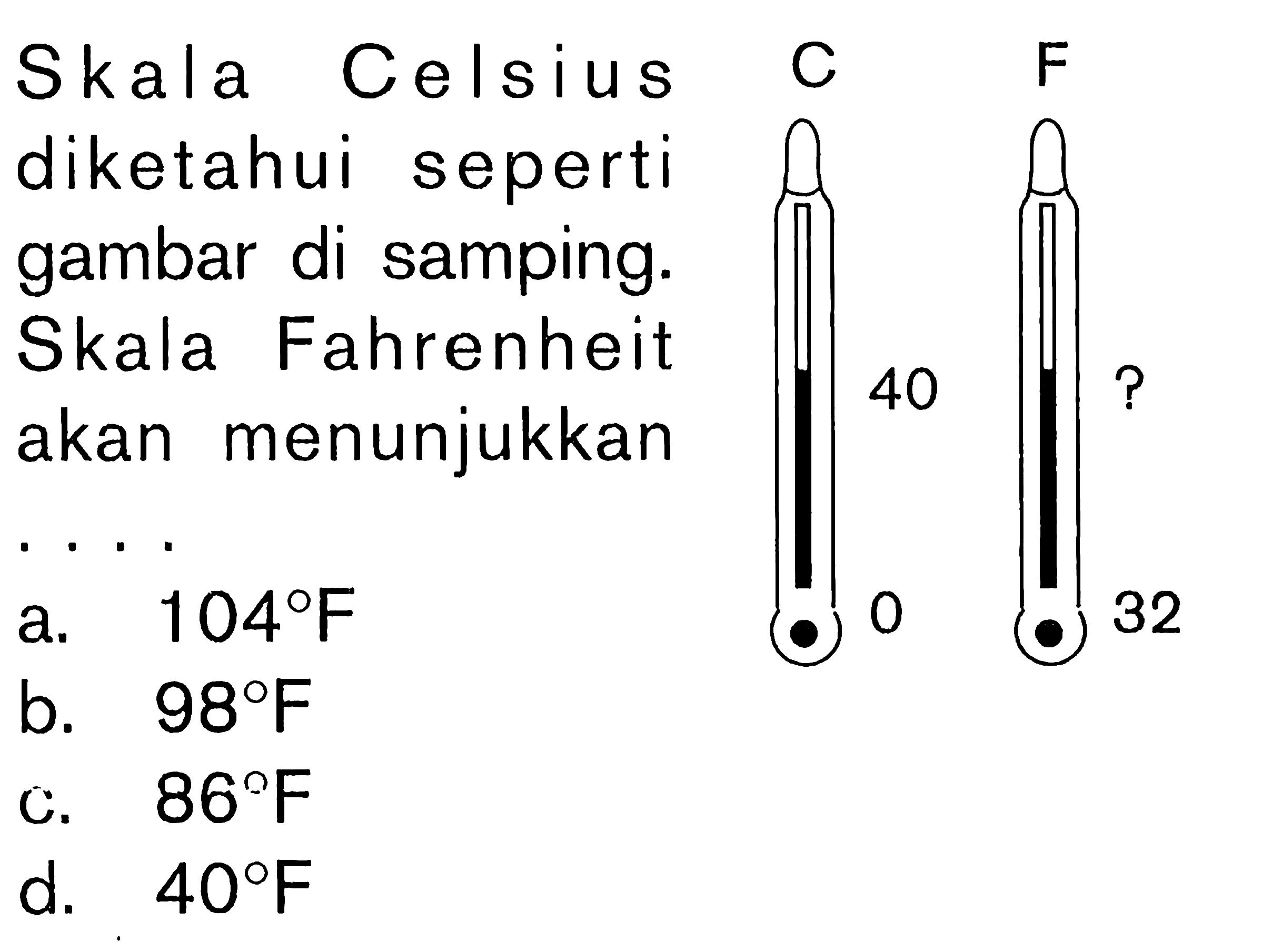 Skala Cels iu s diketahui seperti gambar di samping. Skala Fahrenheit akan menunjukkan ...