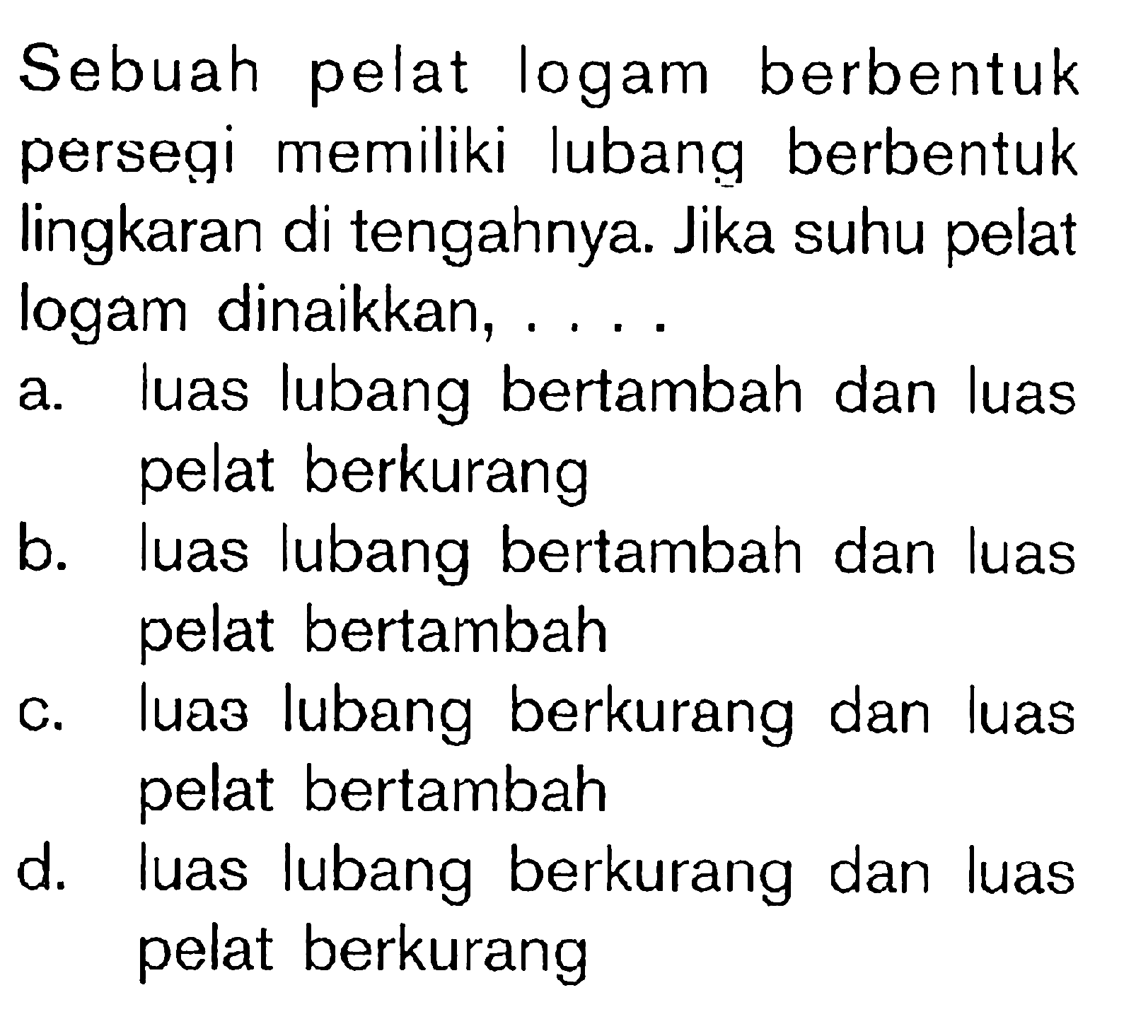 Sebuah pelat logam berbentuk persegi memiliki lubang berbentuk lingkaran di tengahnya. Jika suhu pelat logam dinaikkan, .....