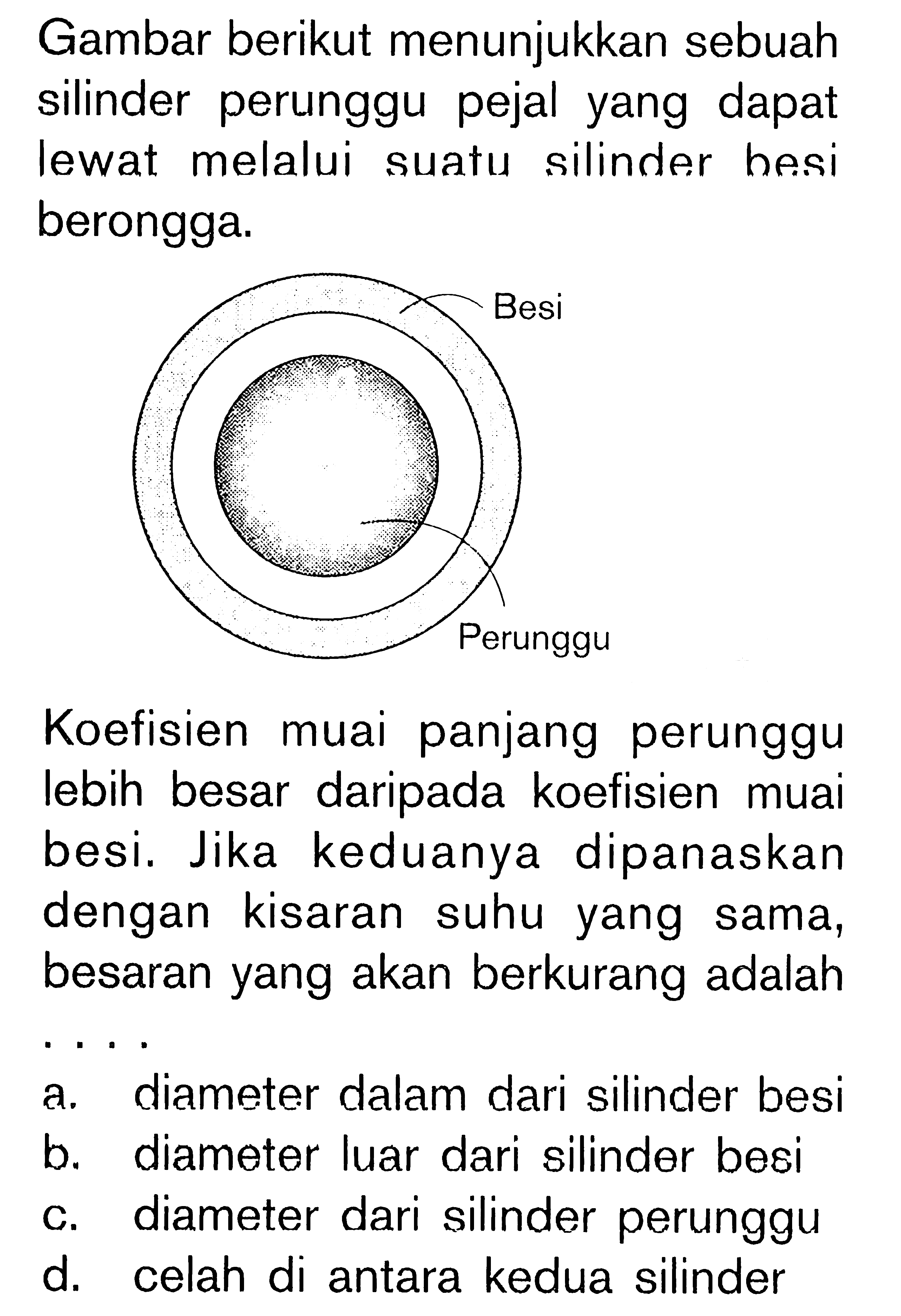 Gambar berikut menunjukkan sebuah silinder perunggu pejal yang dapat lewat melalui suatu silinder besi berongga. Besi Perunggu Koefisien muai panjang perunggu lebih besar daripada koefisien muai besi. Jika keduanya dipanaskan dengan kisaran suhu yang sama, besaran yang akan berkurang adalah ...