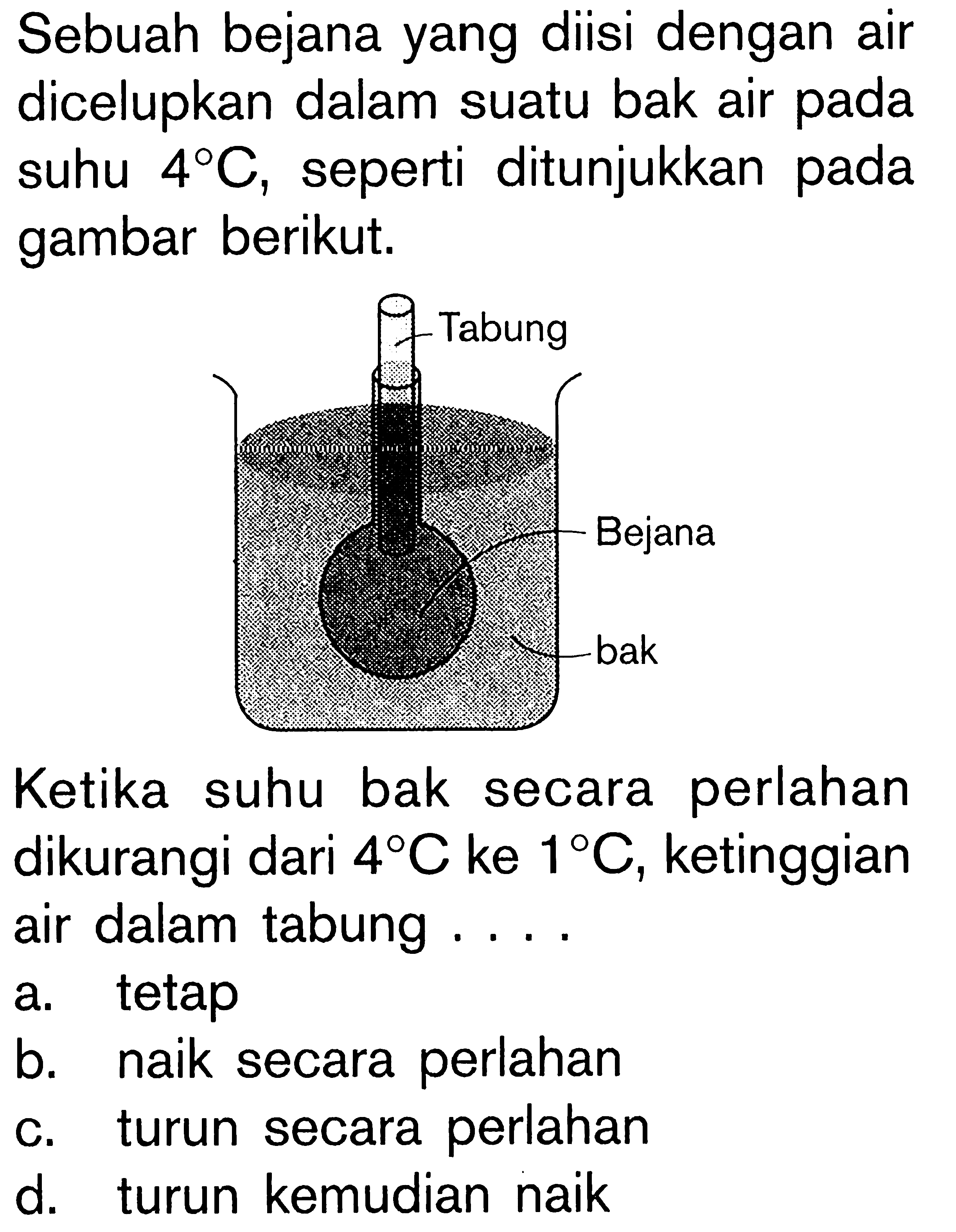 Sebuah bejana yang diisi dengan air dicelupkan dalam suatu bak air pada suhu 4 C, seperti ditunjukkan pada gambar berikut. Tabung Bejana bak Ketika suhu bak secara perlahan dikurangi dari 4 C ke 1 C, ketinggian air dalam tabung ...