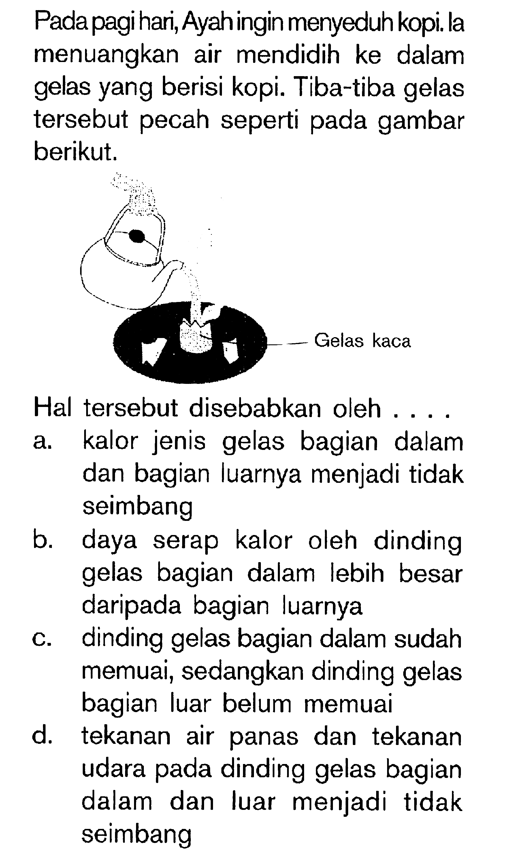 Pada pagi hari, Ayah ingin menyeduh kopi. la menuangkan air mendidih ke dalam gelas yang berisi kopi. Tiba-tiba gelas tersebut pecah seperti pada gambar berikut. Hal tersebut disebabkan oleh ....