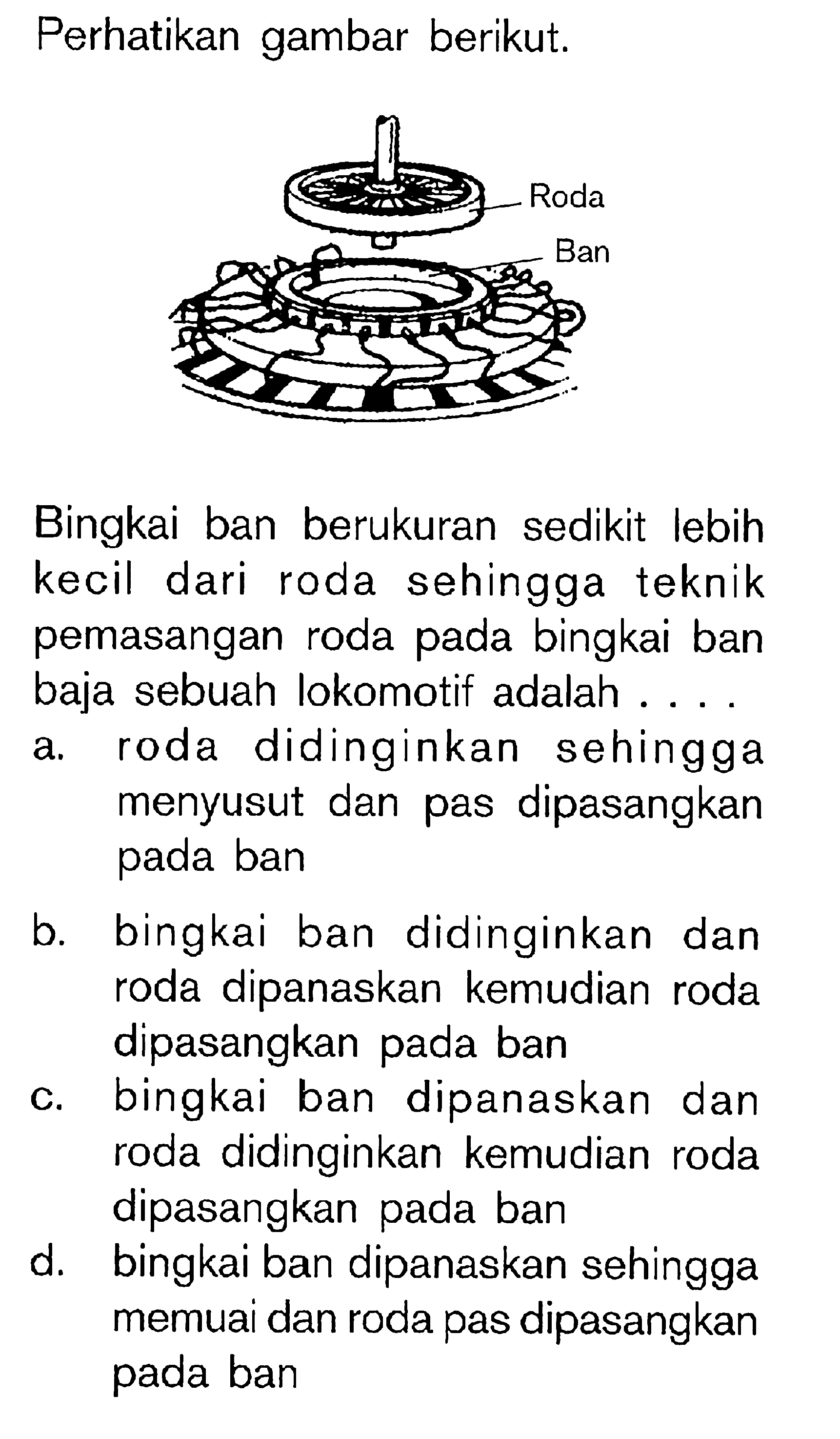 Perhatikan gambar berikut. Roda Ban Bingkai ban berukuran sedikit lebih kecil dari roda sehingga teknik pemasangan roda pada bingkai ban baja sebuah lokomotif adalah....