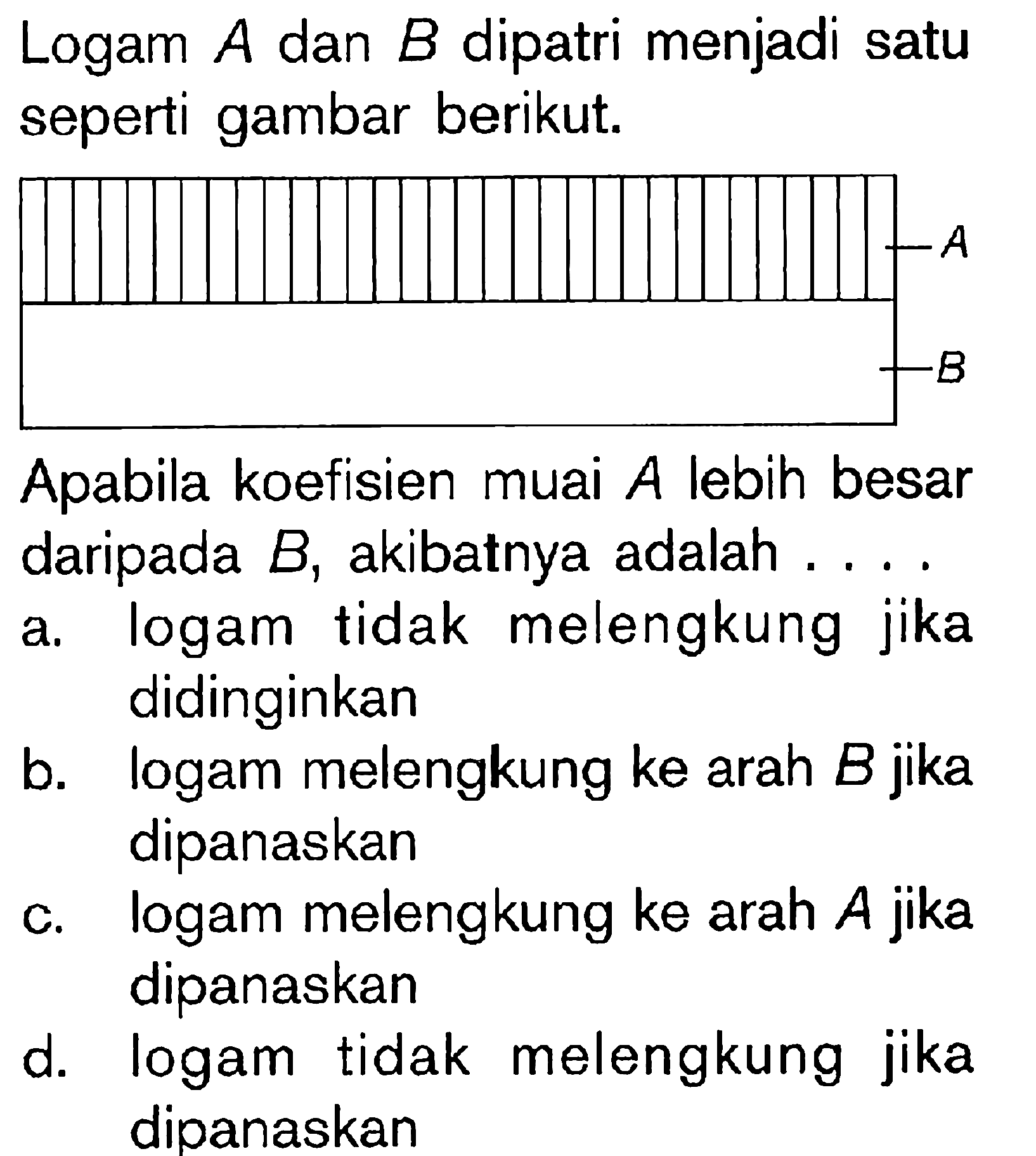 Logam A dan B dipatri menjadi satu seperti gambar berikut. A B Apabila koefisien muai A lebih besar daripada B, akibatnya adalah ....