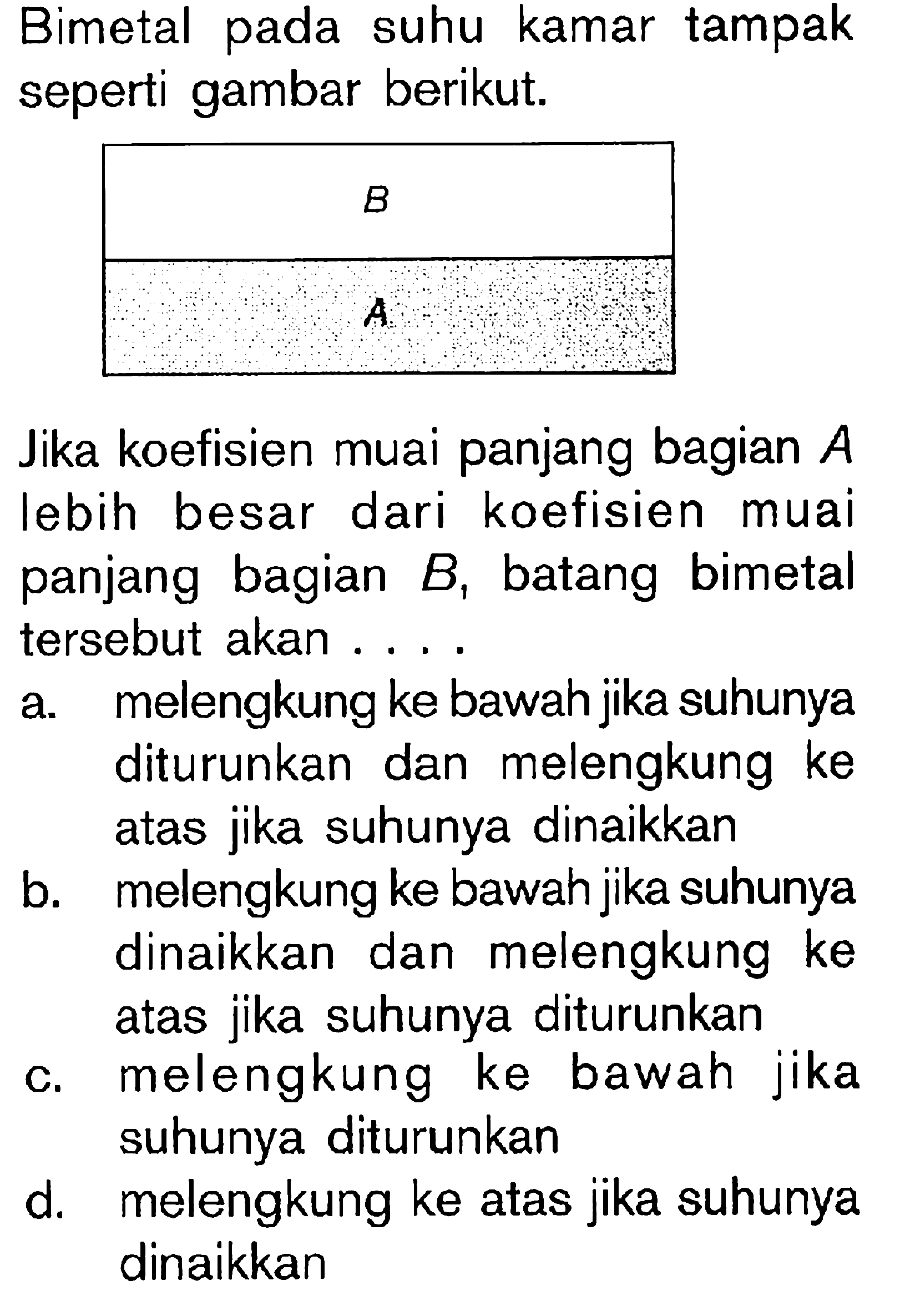 Bimetal pada suhu kamar tampak seperti gambar berikut. Jika koefisien muai panjang bagian A lebih besar dari koefisien muai panjang bagian B, batang bimetal tersebut akan....