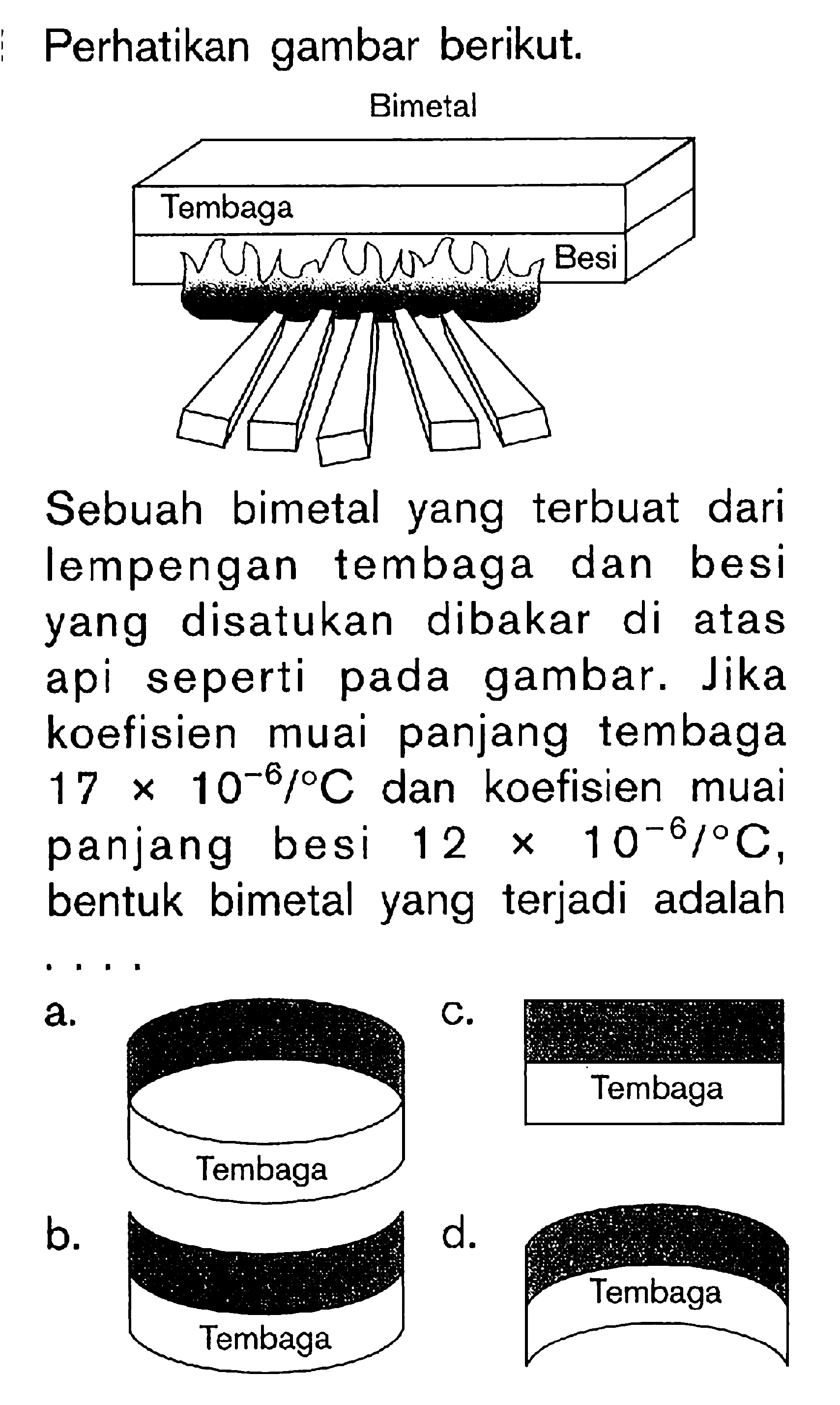 Perhatikan gambar berikut. Sebuah bimetal yang terbuat dari lempengan tembaga dan besi yang disatukan dibakar di atas api seperti pada gambar. Jika koefisien muai panjang tembaga 17 x 10^(-6)/C dan koefisien muai panjang besi 12 x 10^(-6)/C, bentuk bimetal yang terjadi adalah....