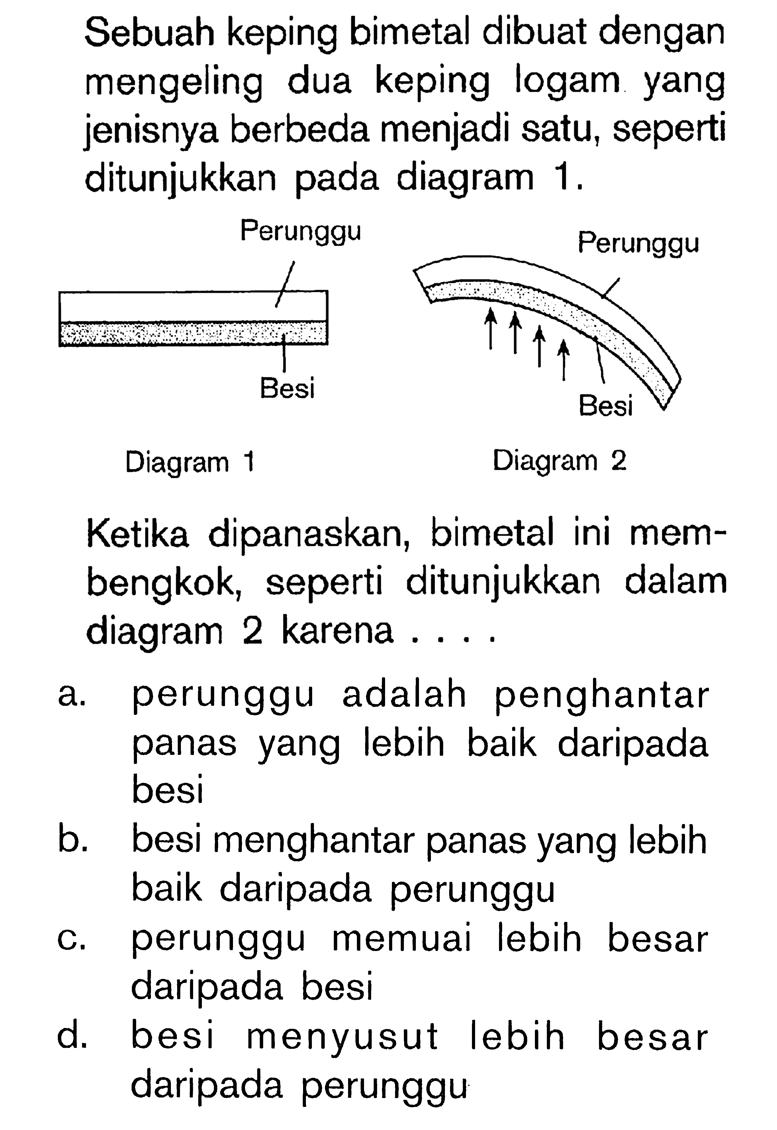 Sebuah keping bimetal dibuat dengan mengeling dua keping logam yang jenisnya berbeda menjadi satu, seperti ditunjukkan pada diagram 1. Ketika dipanaskan, bimetal ini mem- bengkok, seperti ditunjukkan dalam diagram 2 karena