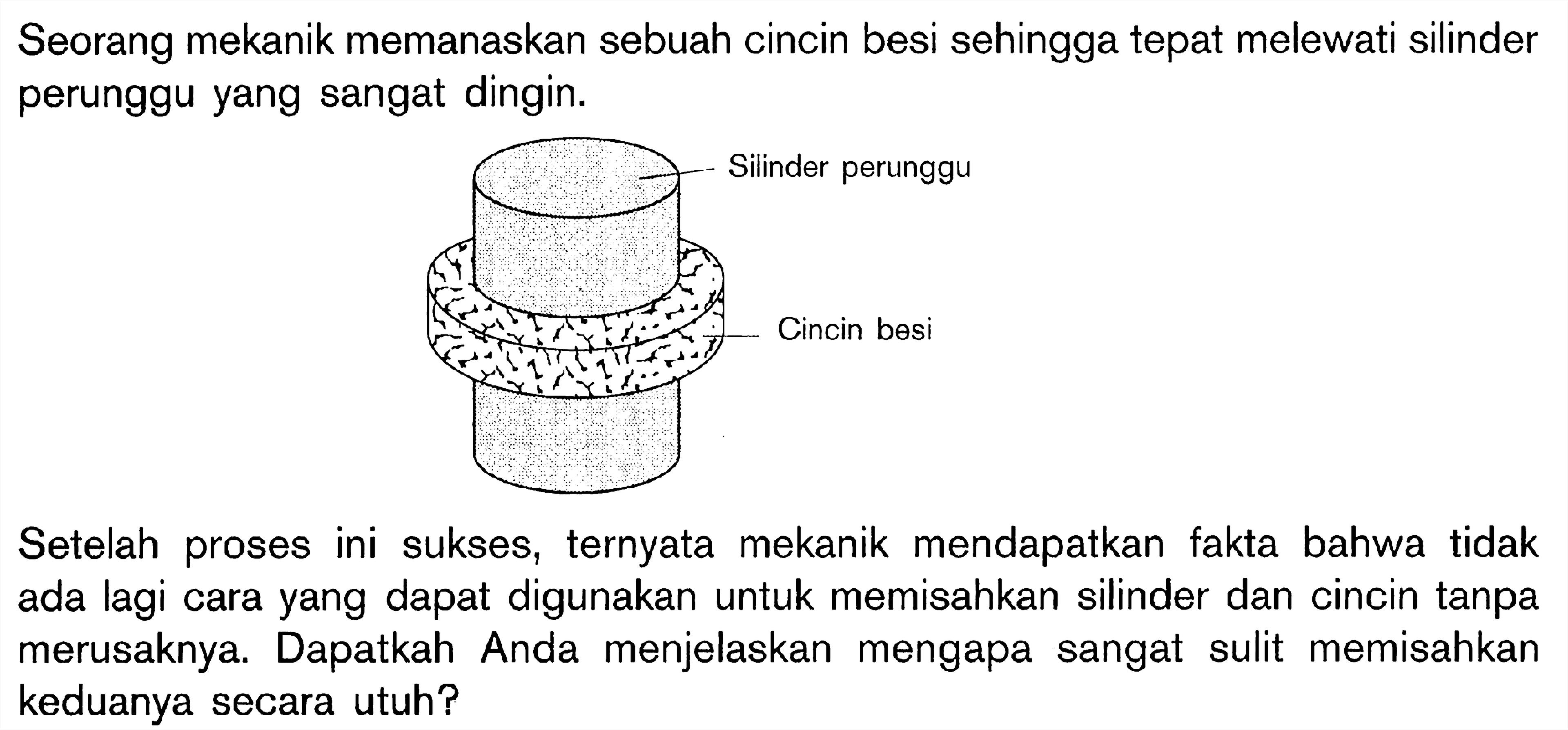 Seorang mekanik memanaskan sebuah cincin besi sehingga tepat melewati silinder perunggu yang sangat dingin, Silinder perunggu Cincin besi Setelah proses ini sukses, ternyata mekanik mendapatkan fakta bahwa tidak ada lagi cara yang dapat digunakan untuk memisahkan silinder dan cincin tanpa merusaknya Dapatkah Anda menjelaskan mengapa sangat sulit memisahkan keduanya secara utuh?