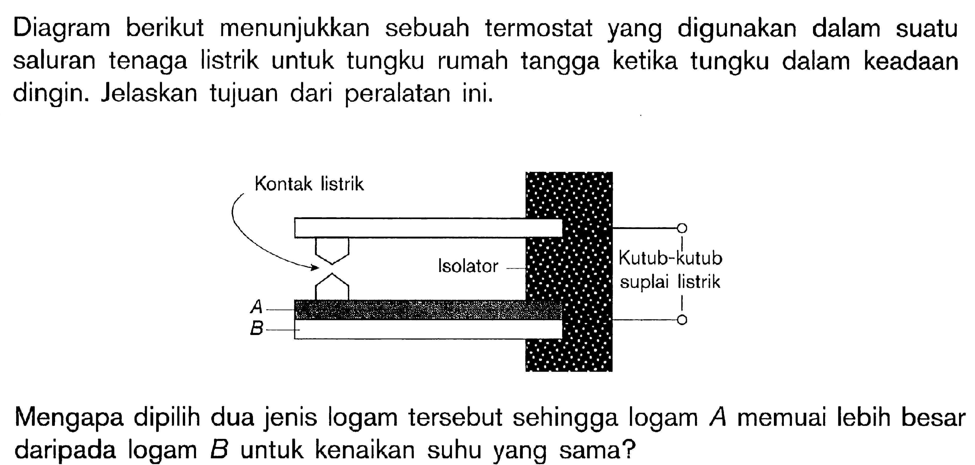 Diagram berikut menunjukkan sebuah termostat yang digunakan dalam suatu saluran tenaga listrik untuk tungku rumah tangga ketika tungku dalam keadaan dingin. Jelaskan tujuan dari peralatan ini. Kontak listrik Isolator Kutub-kutub suplai listrik A B Mengapa dipilih dua jenis logam tersebut sehingga logam A memuai lebih besar daripada logam B untuk kenaikan suhu yang sama?