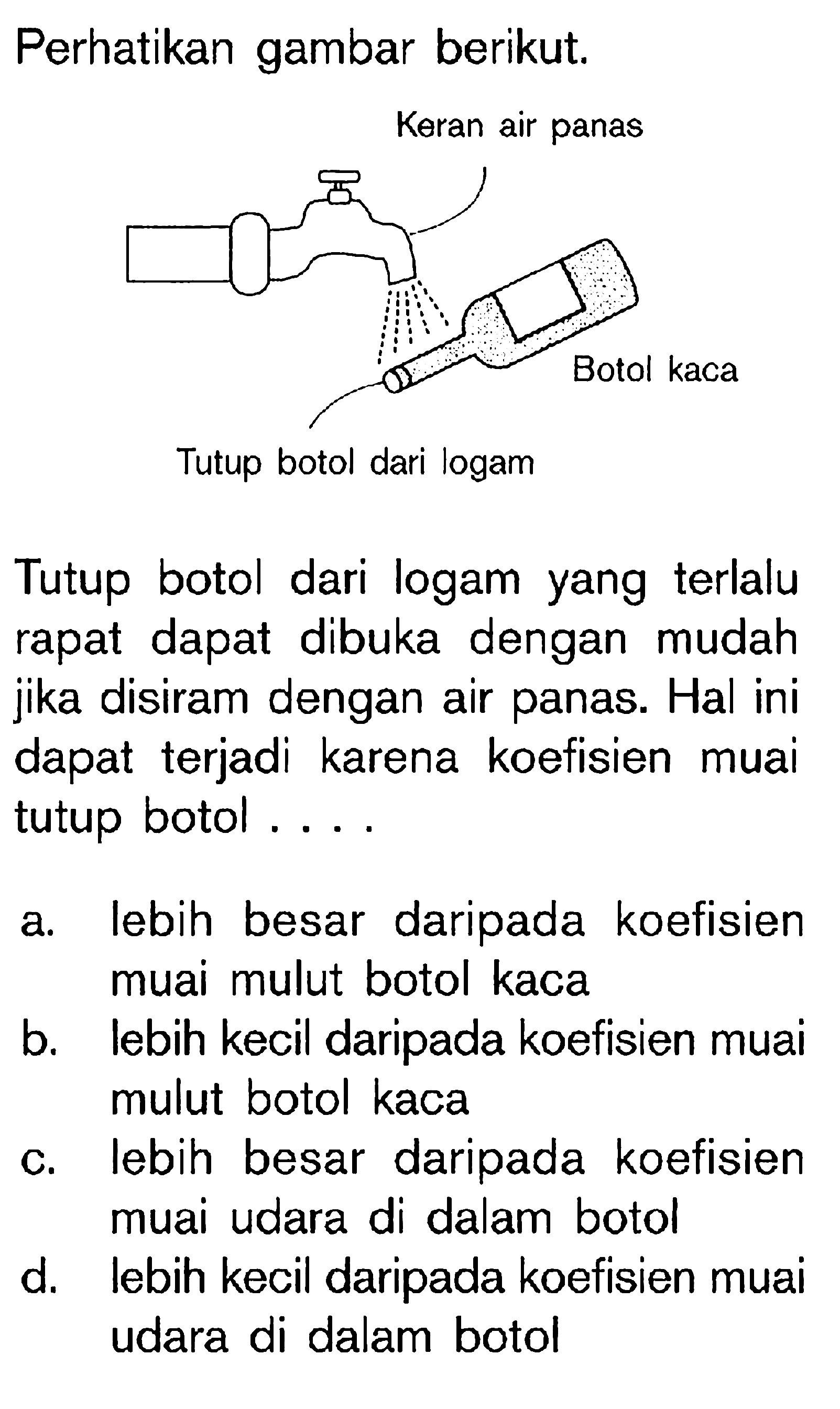 Perhatikan gambar berikut. Tutup botol dari logam yang terlalu rapat dapat dibuka dengan mudah jika disiram dengan air panas. Hal ini dapat terjadi karena koefisien muai tutup botol ....