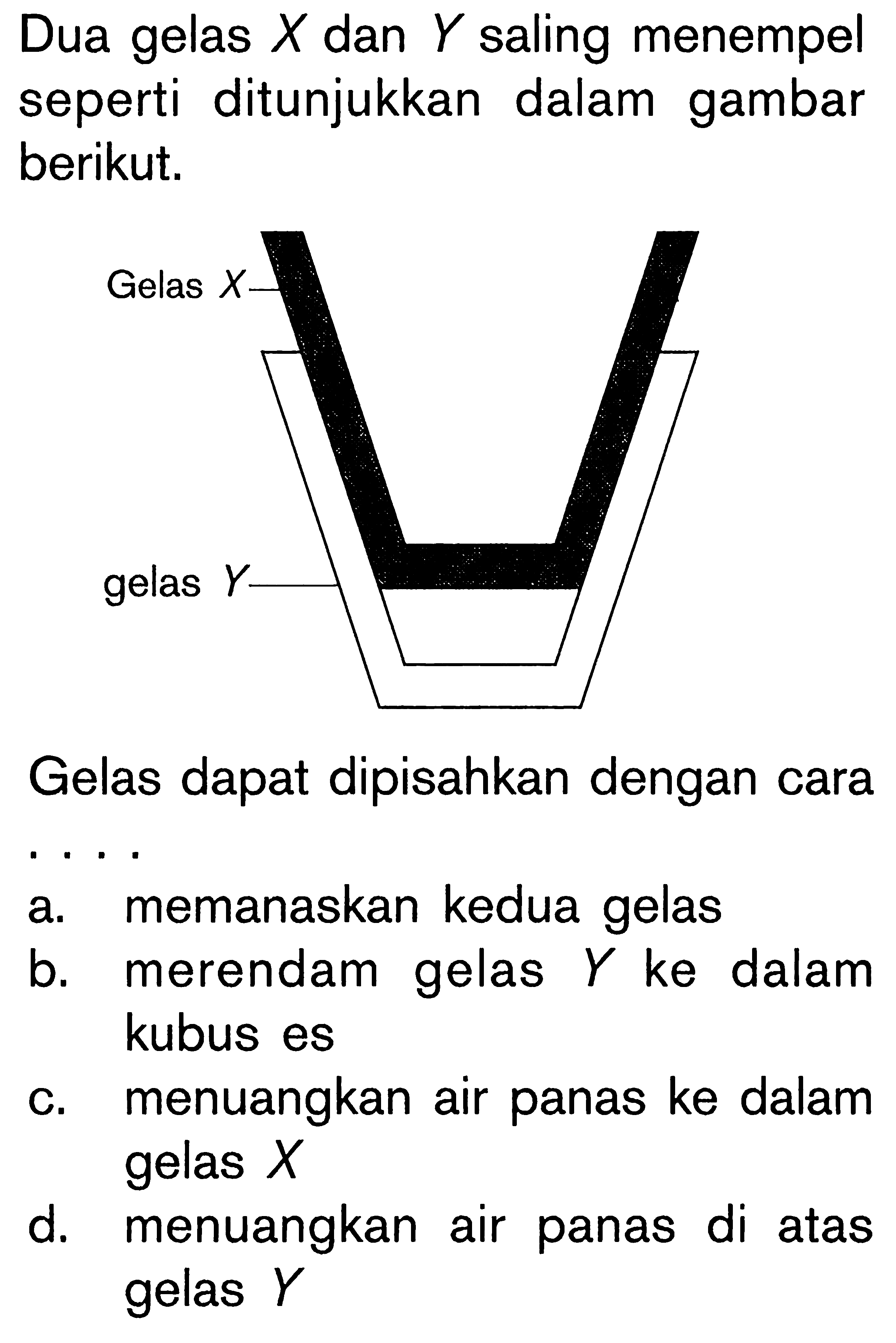 Dua gelas X dan Y saling menempel seperti ditunjukkan dalam gambar berikut. Gelas dapat dipisahkan dengan cara ....