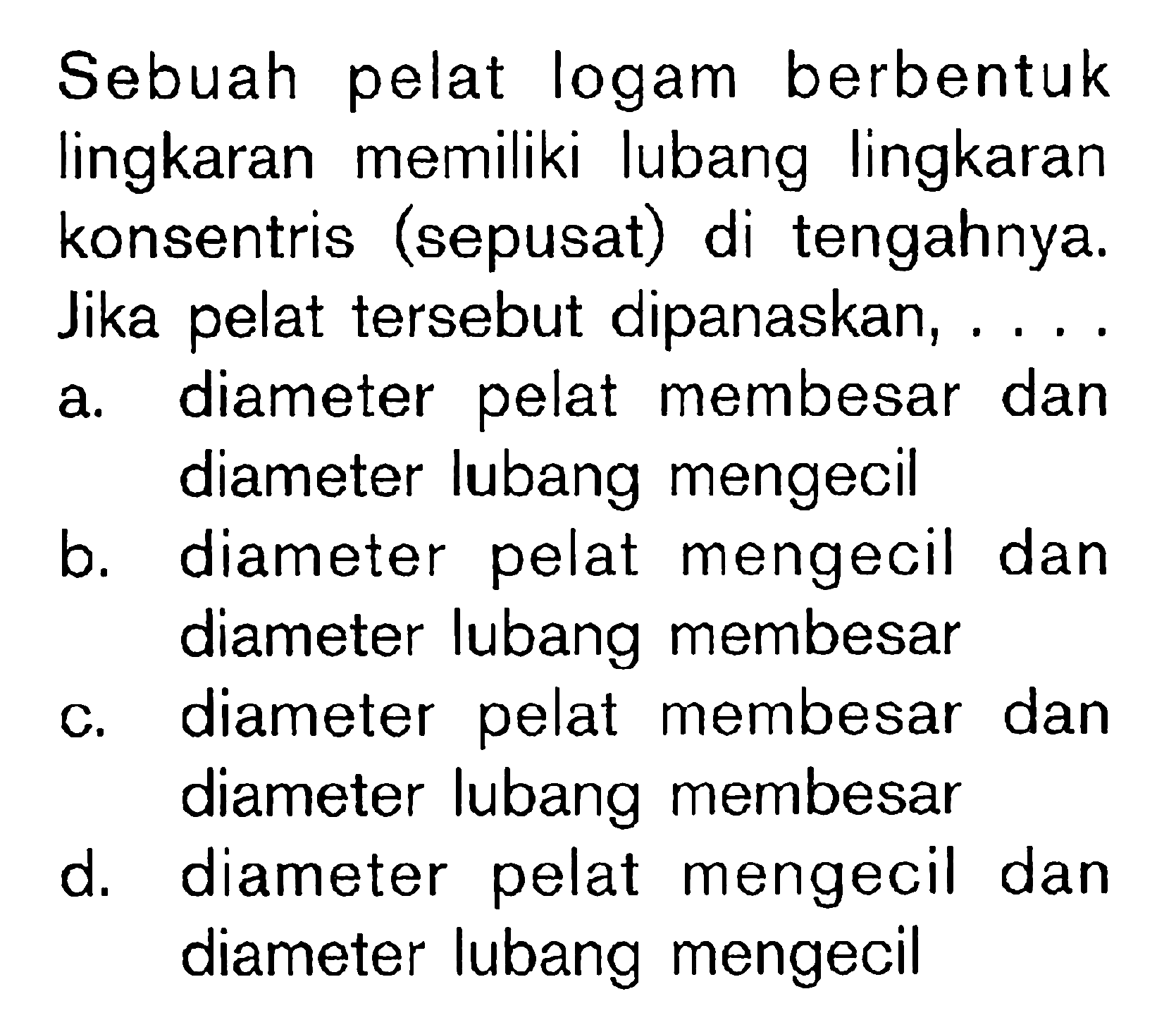 Sebuah pelat logam berbentuk lingkaran memiliki lubang lingkaran konsentris (sepusat) di tengahnya. Jika pelat tersebut dipanaskan,....