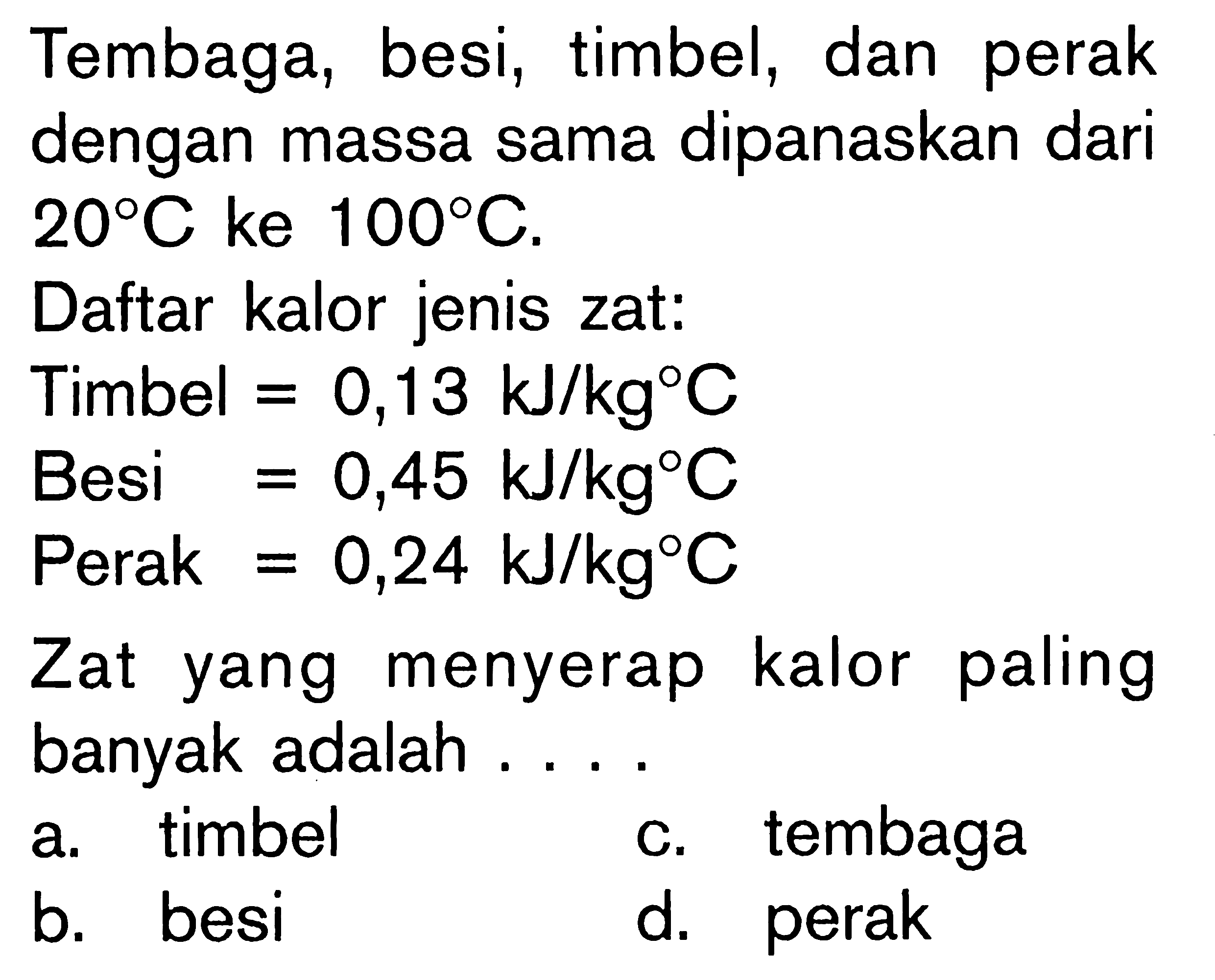 Tembaga, besi, timbel, dan perak dengan massa sama dipanaskan dari 20 C ke 100 C. Daftar kalor jenis zat: Timbel = 0,13 kJ/kg C Besi = 0,45 kJ/kg C Perak = 0,24 kJ/kg C Zat yang menyerap kalor paling banyak adalah ....