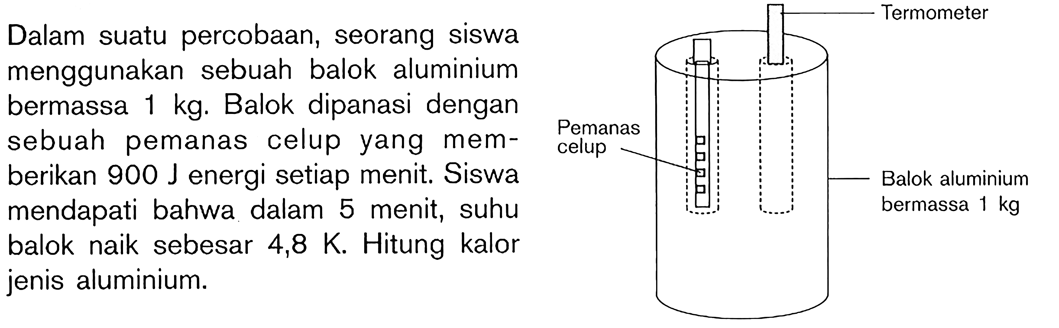 Dalam suatu percobaan, seorang siswa menggunakan sebuah balok aluminium bermassa 1 kg. Balok dipanasi dengan sebuah pemanas celup yang memberikan 900 J energi setiap menit. Siswa mendapati bahwa dalam 5 menit, suhu bermassa 1 kg balok naik sebesar 4,8 K. Hitung kalor jenis aluminium.