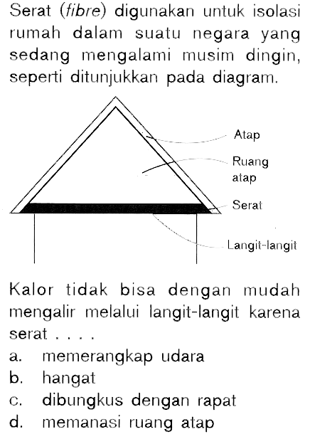 Serat (fibre) digunakan untuk isolasi rumah dalam suatu negara yang sedang mengalami musim dingin, seperti ditunjukkan pada diagram.
Atap
Ruang atap
Serat
Langit-langit
Kalor tidak bisa dengan mudah mengalir melalui langit-langit karena serat....