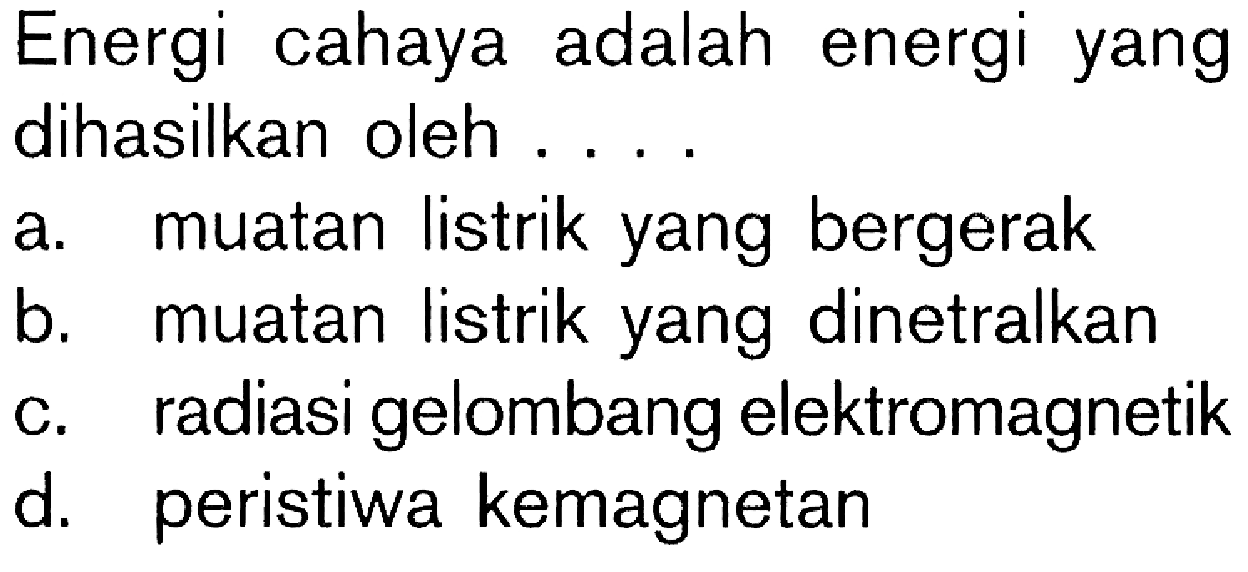 Energi cahaya adalah energi yang dihasilkan oleh ....