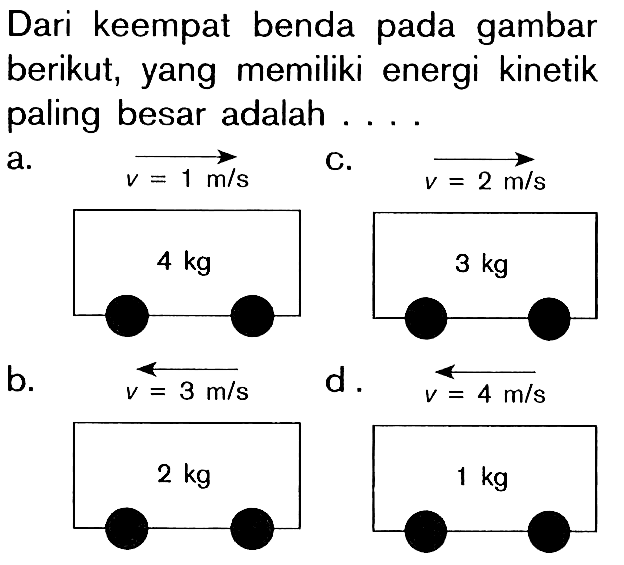 Dari keempat benda pada gambar berikut, yang memiliki energi kinetik paling besar adalah