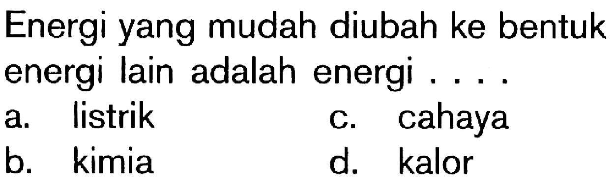 Energi yang mudah diubah ke bentuk energi lain adalah energi