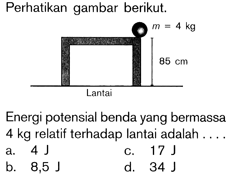 Perhatikan gambar berikut. m = 4 kg 85 cm Lantai Energi potensial benda yang bermassa 4 kg relatif terhadap lantai adalah . . . .