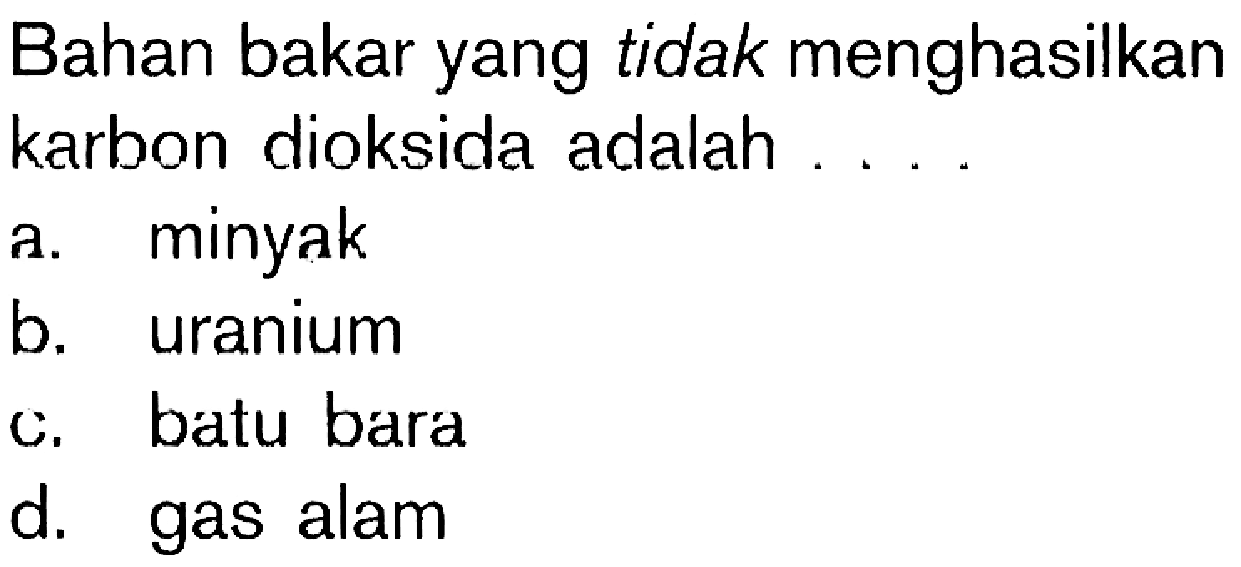 Bahan bakar yang tidak menghasilkan karbon dioksida adalah . . . .