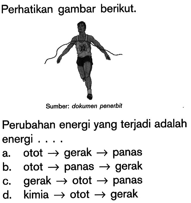 Perhatikan gambar berikut.Sumber: dokumen penerbitPerubahan energi yang terjadi adalah energi....