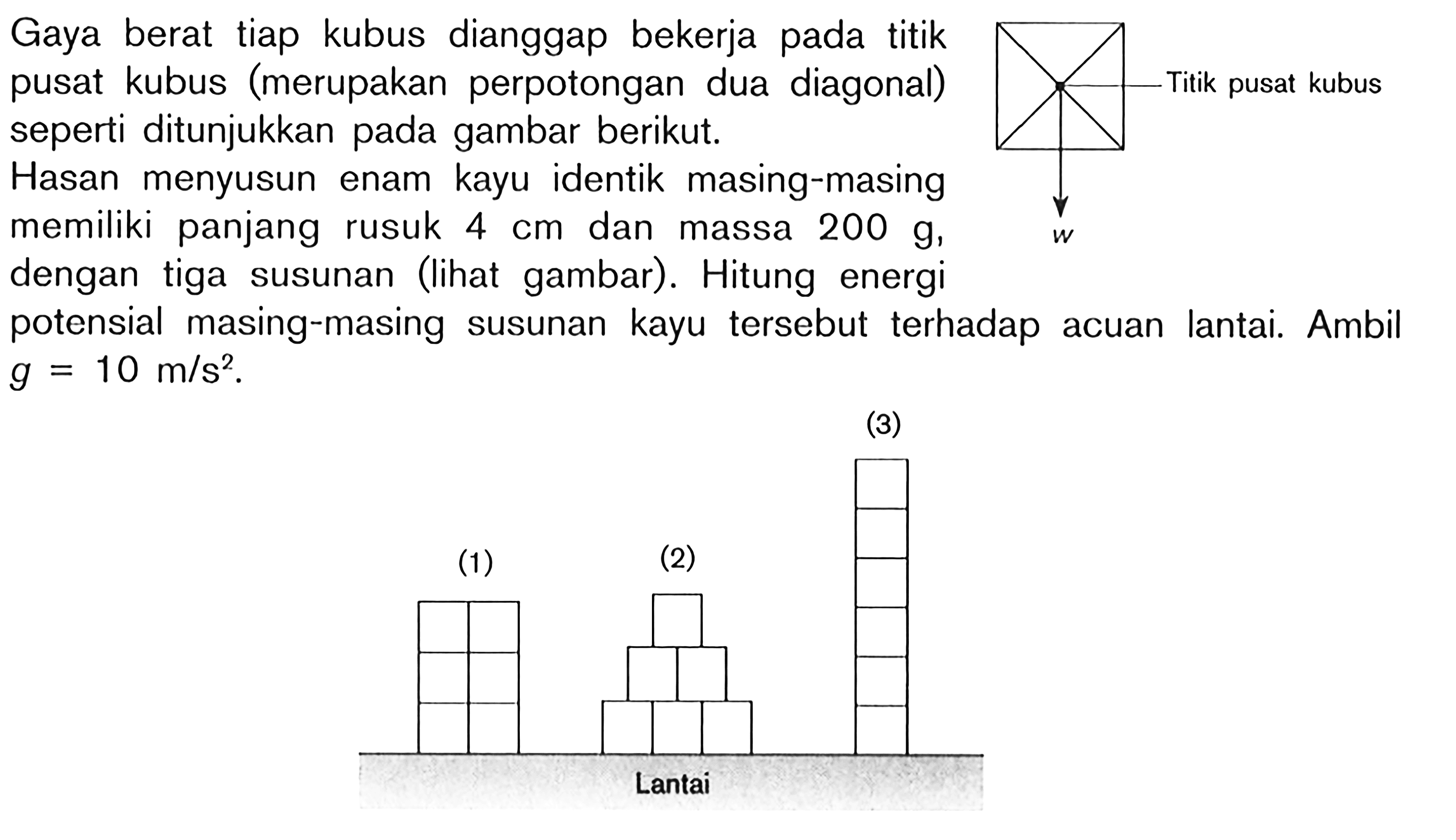 Gaya berat tiap kubus dianggap bekerja pada titik pusat kubus (merupakan perpotongan dua diagonal) seperti ditunjukkan pada gambar berikut. 
Titik pusat kubus w 
Hasan menyusun enam kayu identik masing-masing memiliki panjang rusuk 4 cm dan massa 200 g, dengan tiga susunan (lihat gambar). Hitung energi potensial masing-masing susunan kayu tersebut terhadap acuan lantai. Ambil g = 10 m/s^2. 
(1) (2) (3) Lantai