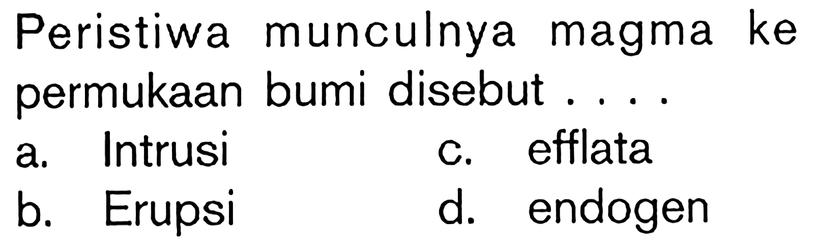 Peristiwa munculnya magma ke permukaan bumi disebut . . . .