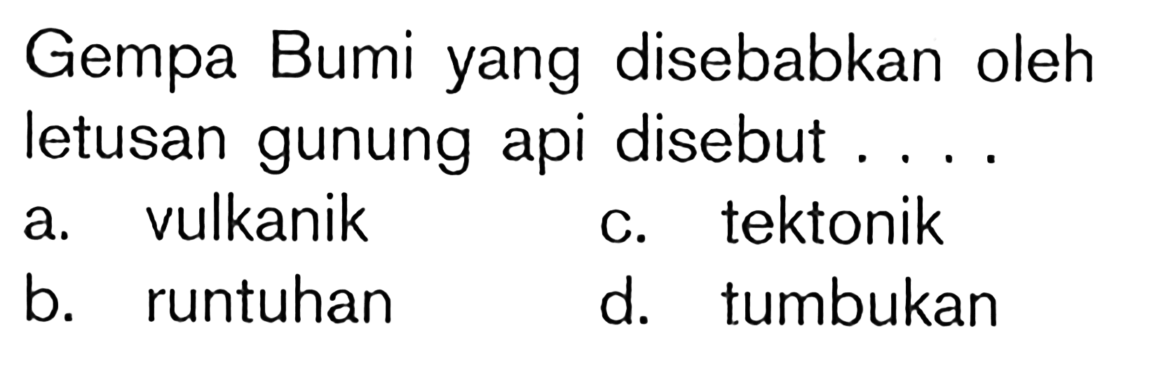 Gempa Bumi yang disebabkan oleh letusan gunung api disebut . . . .