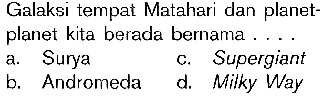 Galaksi tempat Matahari dan planetplanet kita berada bernama ....