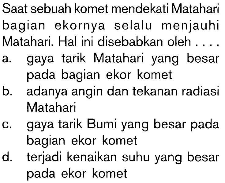 Saat sebuah komet mendekati Matahari bagian ekornya selalu menjauhi Matahari. Hal ini disebabkan oleh.... 