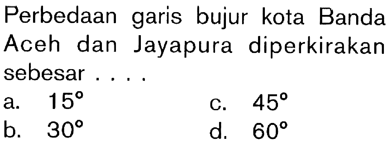 Perbedaan garis bujur kota Banda Aceh dan Jayapura diperkirakan sebesar ....