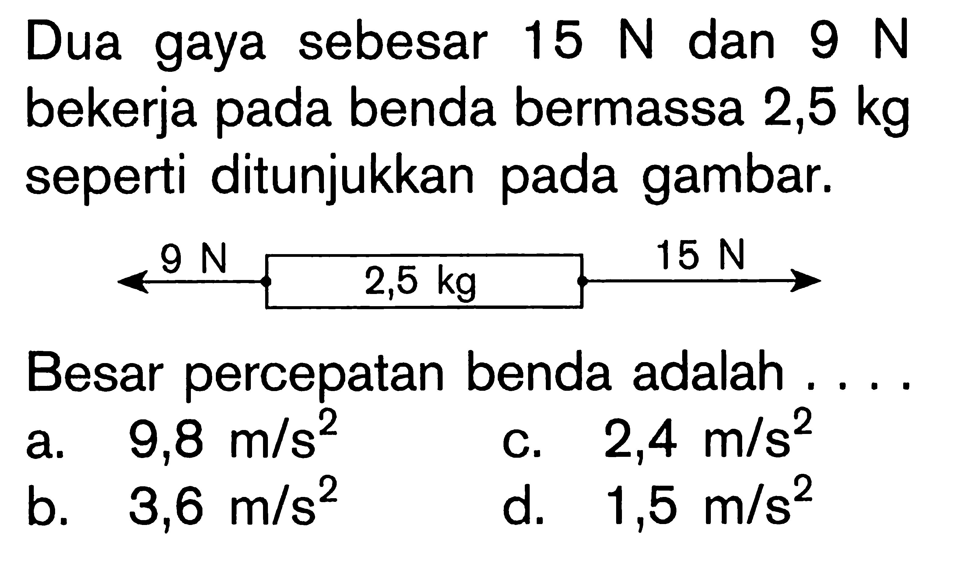 Dua gaya sebesar 15 N dan 9 N bekerja pada benda bermassa 2,5 kg seperti ditunjukkan pada gambar. 9 N 2,5 kg 15 N Besar percepatan benda adalah ....