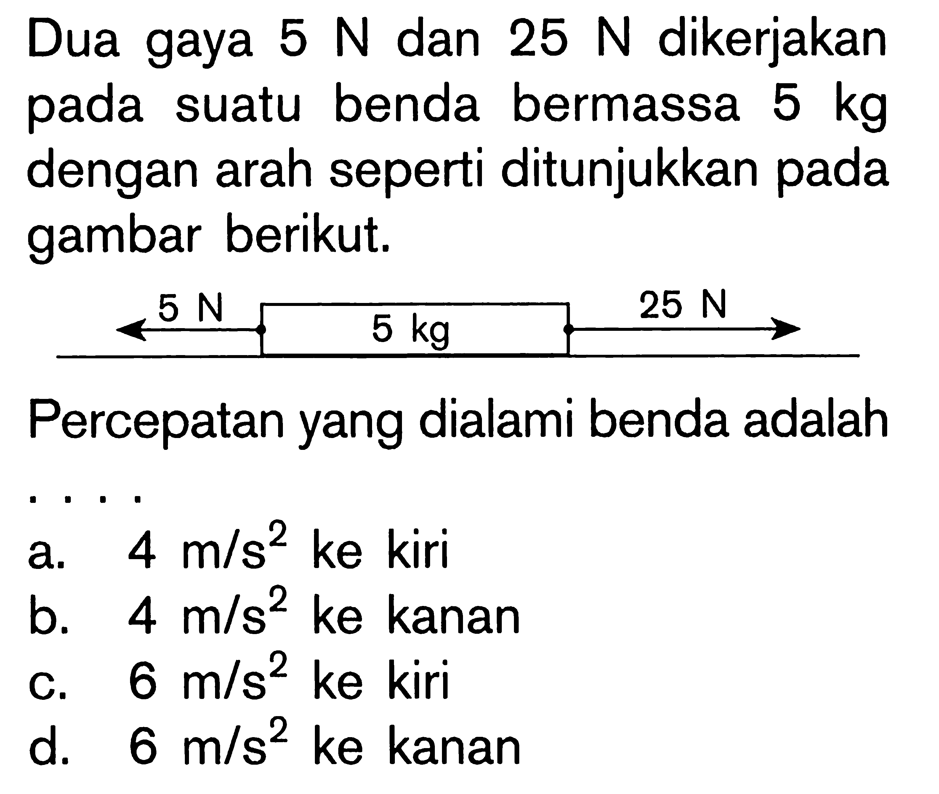 Dua gaya 5 N dan 25 N dikerjakan pada sutau benda bermassa 5 kg dengan arah seperti ditunjukkan pada gambar berikut. 5 N 5 kg 25 N Percepatan yang dialami benda adalah ....