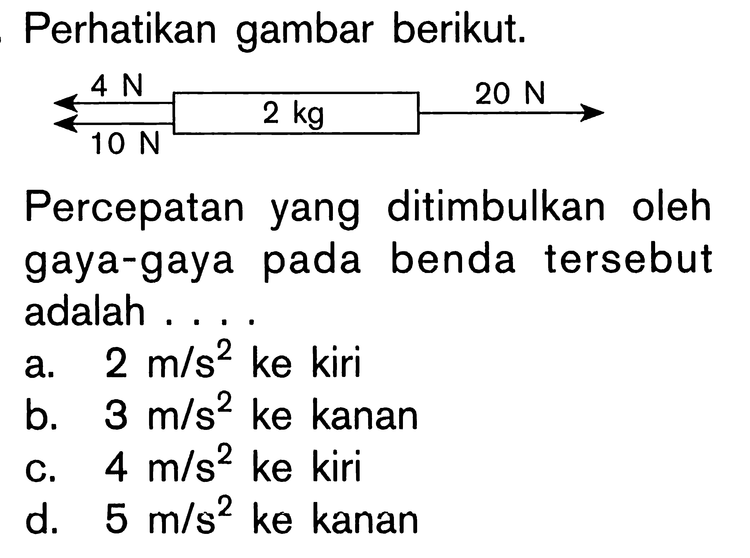 Perhatikan gambar berikut. 4 N 10 N 2 kg 20 N Percepatan yang ditimbulkan oleh gaya-gaya pada benda tersebut adalah ....