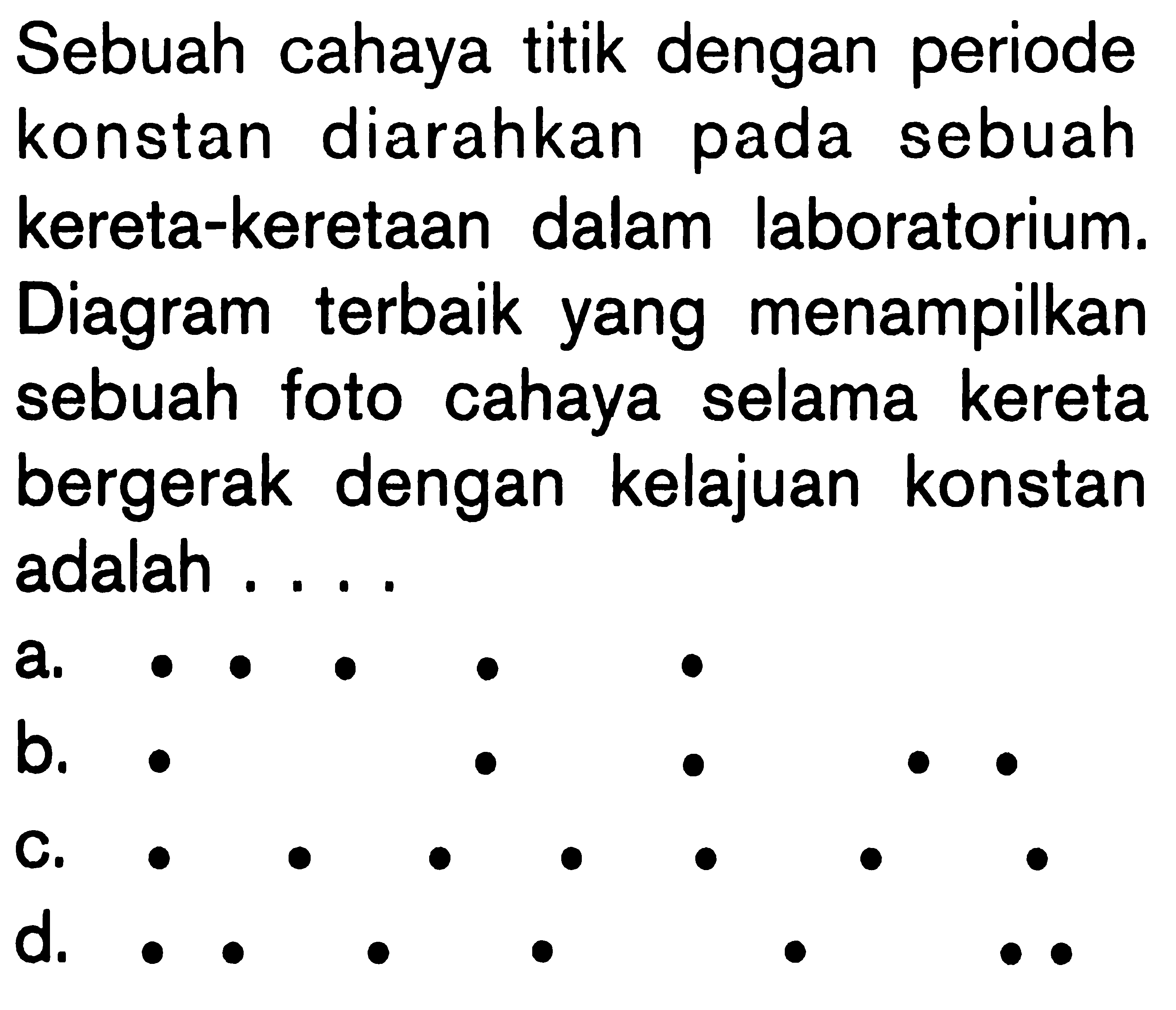 Sebuah cahaya titik dengan periode konstan diarahkan pada sebuah kereta-keretaan dalam laboratorium. Diagram terbaik yang menampilkan sebuah foto cahaya selama kereta bergerak dengan kelajuan konstan adalah ....
a. . . .  .  .
b. .      .  .  ..
c. .  .  .  .  .  . 
d. .. . .   .  ..  