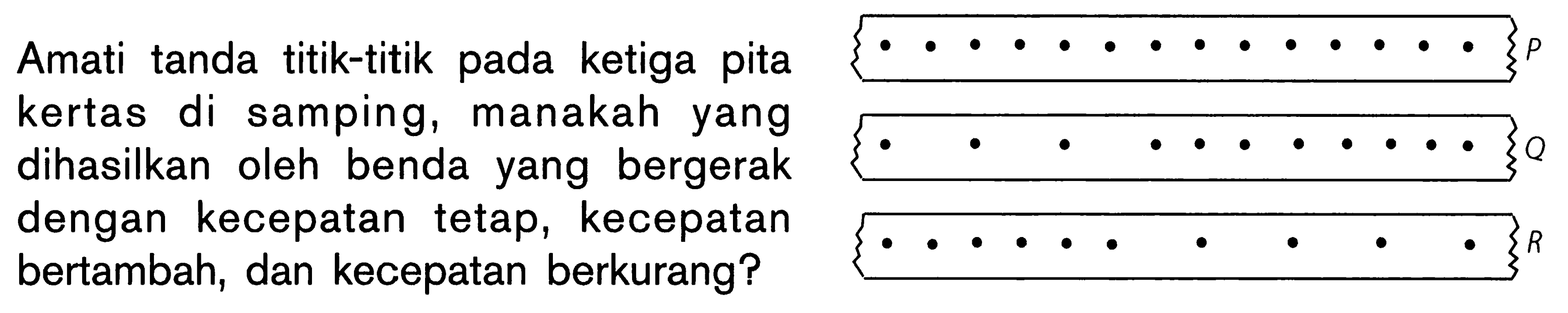 Amati tanda titik-titik pada ketiga pita kertas di samping, manakah yang dihasilkan oleh benda yang bergerak dengan kecepatan tetap, kecepatan bertambah, dan kecepatan berkurang? P Q R 