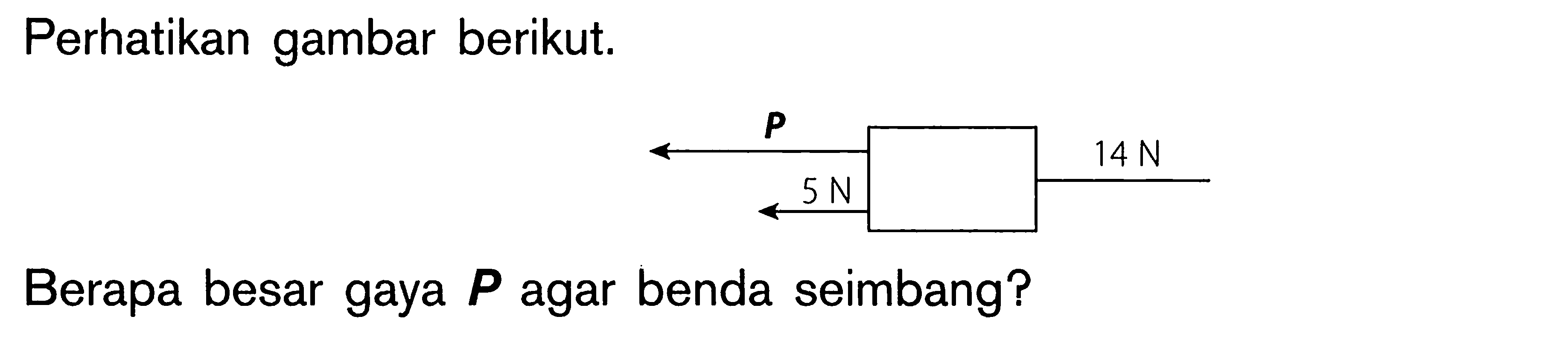 Perhatikan gambar berikut. P 14 N 5 N Berapa besar gaya P agar benda seimbang?