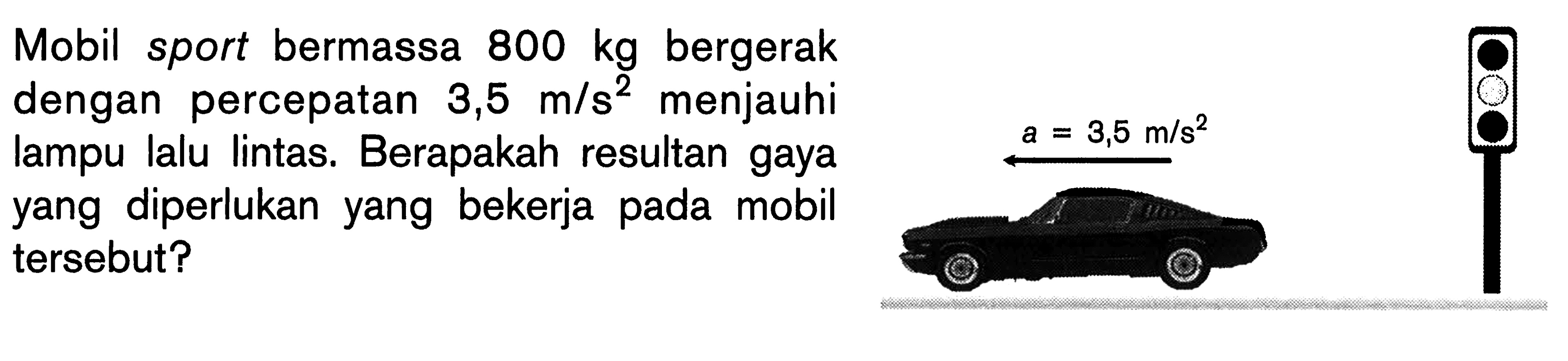 Mobil sport bermassa 800 kg bergerak dengan percepatan 3,5 m/s^2 menjauhi lampu lalu lintas. Berapakah resultan gaya yang diperlukan yang bekerja pada mobil tersebut? a = 3,5 m/s^2