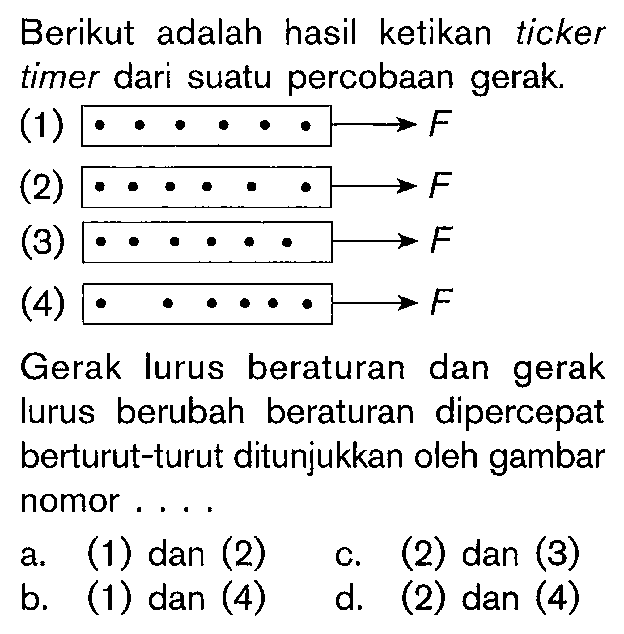 Berikut adalah hasil ketikan ticker timer dari suatu percobaan gerak.(1) . . . . . . -> F(2)  . . . . . . -> F(3)  . . . . . .  -> F (4)  . . . . . . -> F Gerak lurus beraturan dan gerak lurus berubah beraturan dipercepat berturut-turut ditunjukkan oleh gambar nomor....a. (1) dan (2)b. (1) dan (4)c. (2) dan (3)d. (2) dan (4) 