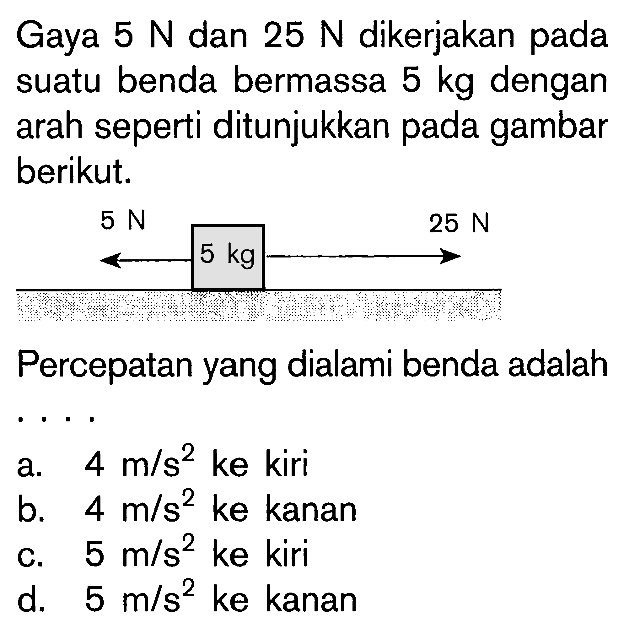 Gaya 5 N dan 25 N dikerjakan pada sutau benda bermassa 5 kg dengan arah seperti pada gambar berikut. 5 N 5 kg 25 N Percepatan yang dialami benda adalah ....