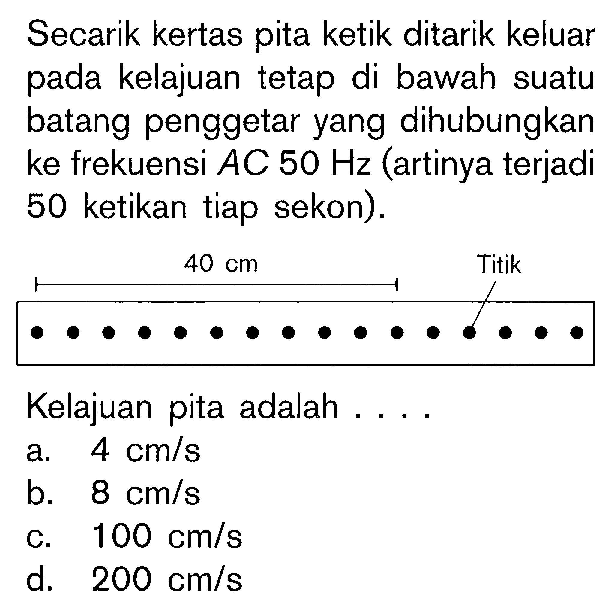 Secarik kertas pita ketik ditarik keluar pada kelajuan tetap di bawah suatu batang penggetar yang dihubungkan ke frekuensi AC 50 Hz (artinya terjadi 50 ketikan tiap sekon). Kelajuan pita adalah....