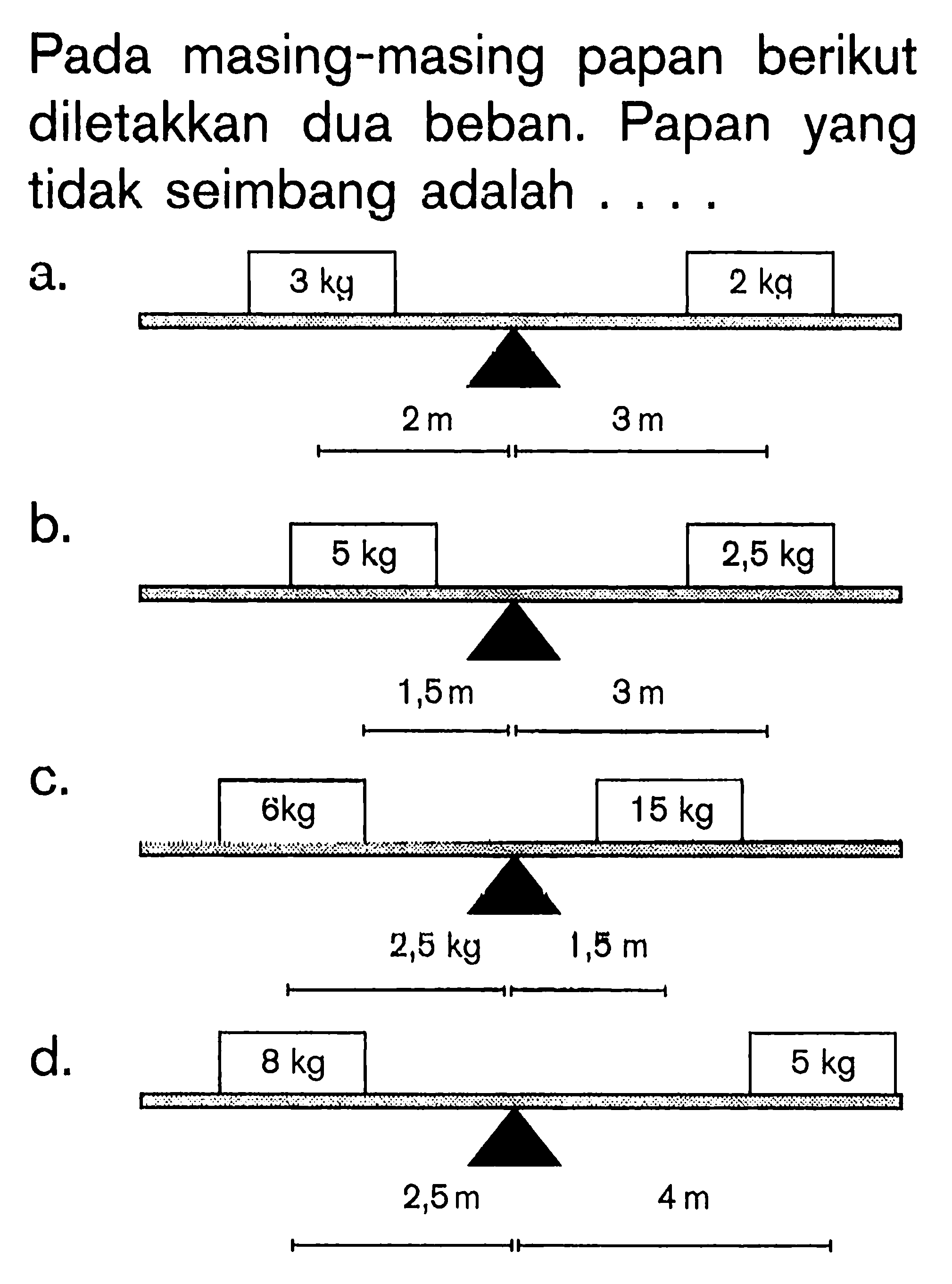 Pada masing-masing papan berikut diletakkan dua beban. Papan yang tidak seimbang adalah ...